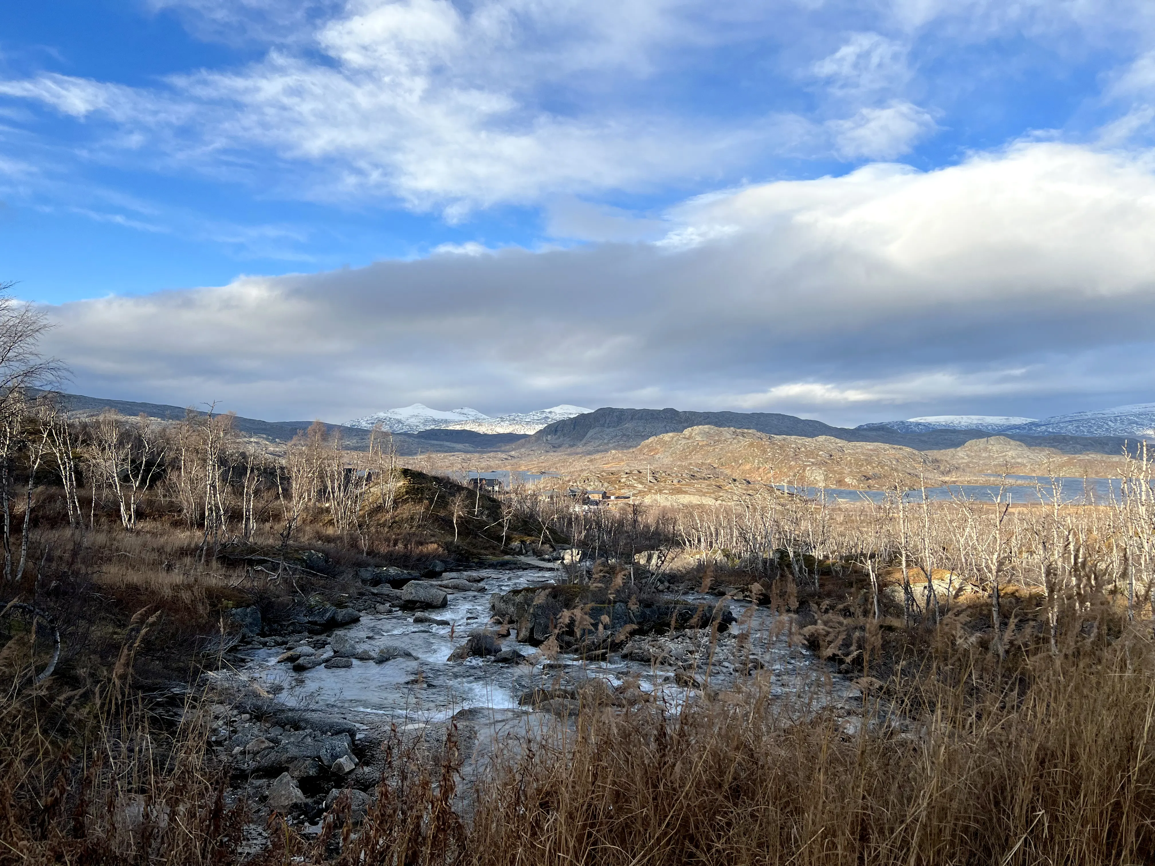 En vy över ett fjällandskap med snöbeklädda toppar och en å, i kvällssol.