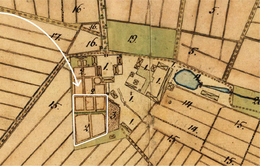 På kartan från 1815 syns området som nu restaureras. Även en karta från 1938 används som underlag.