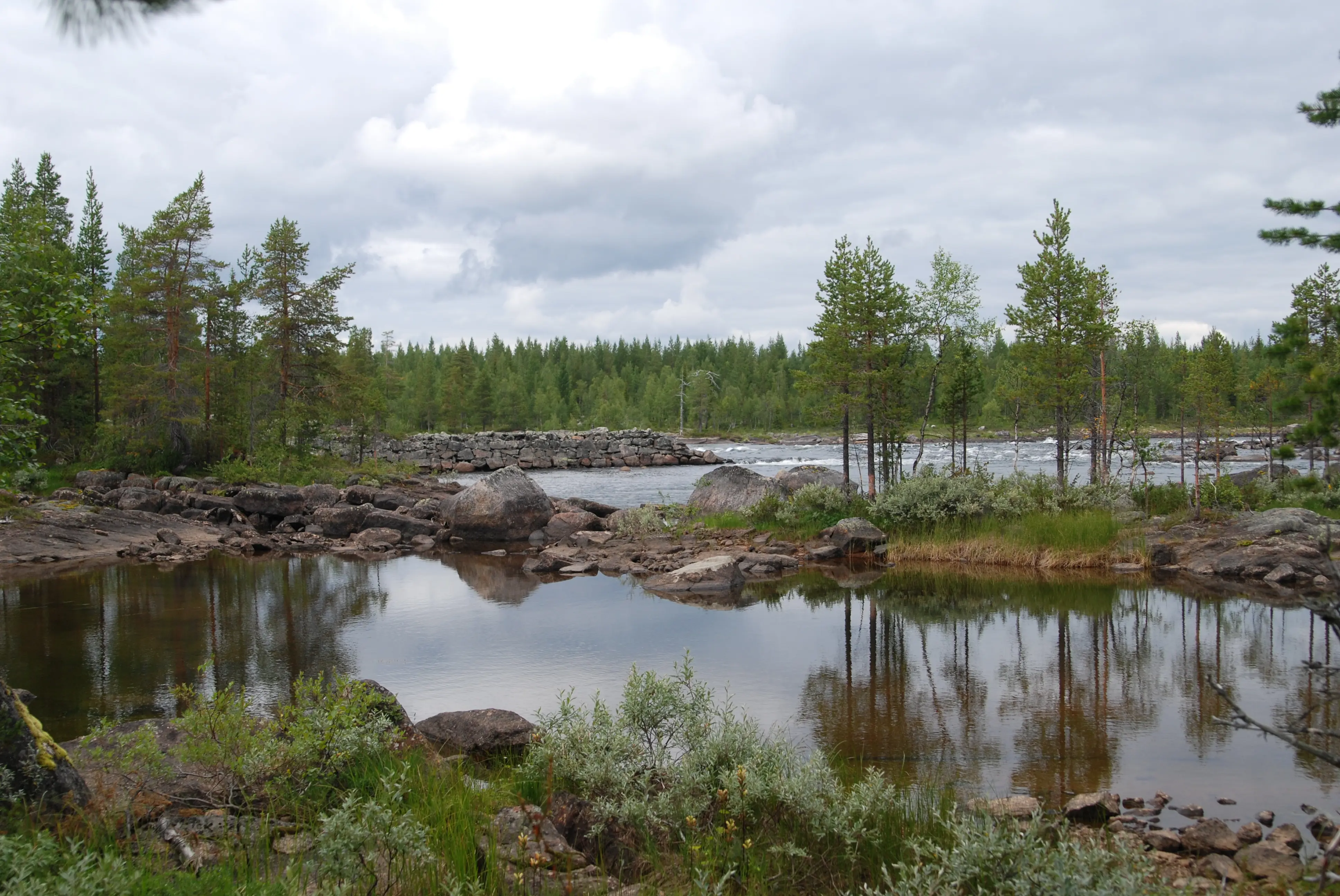 Pite älv. De steniga stränderna är beväxta med barrskog. Vattnet forsar förbi klippblock och rester av en flottningsanläggning.