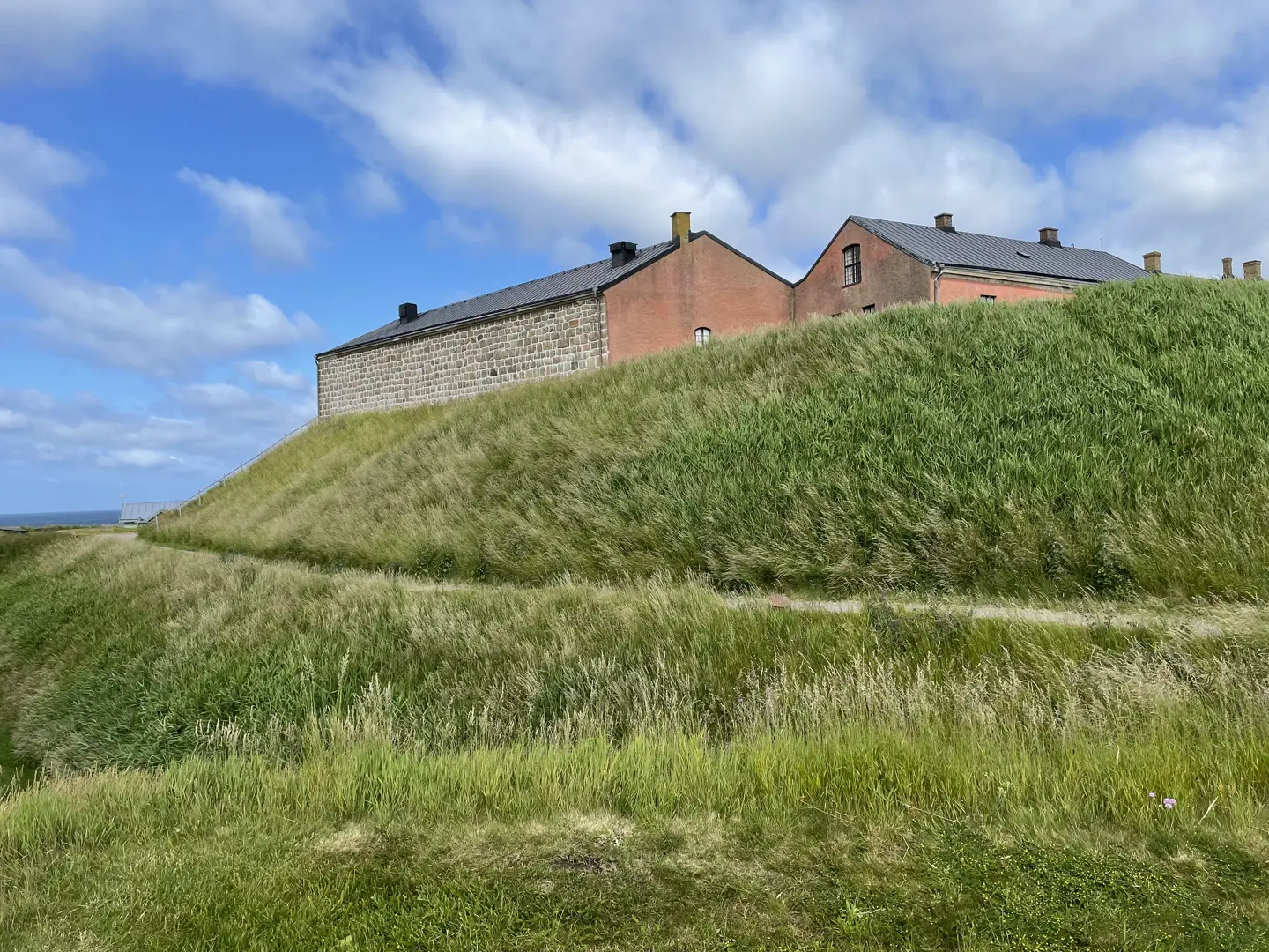 gräsbevuxen kulle, hus och himmel