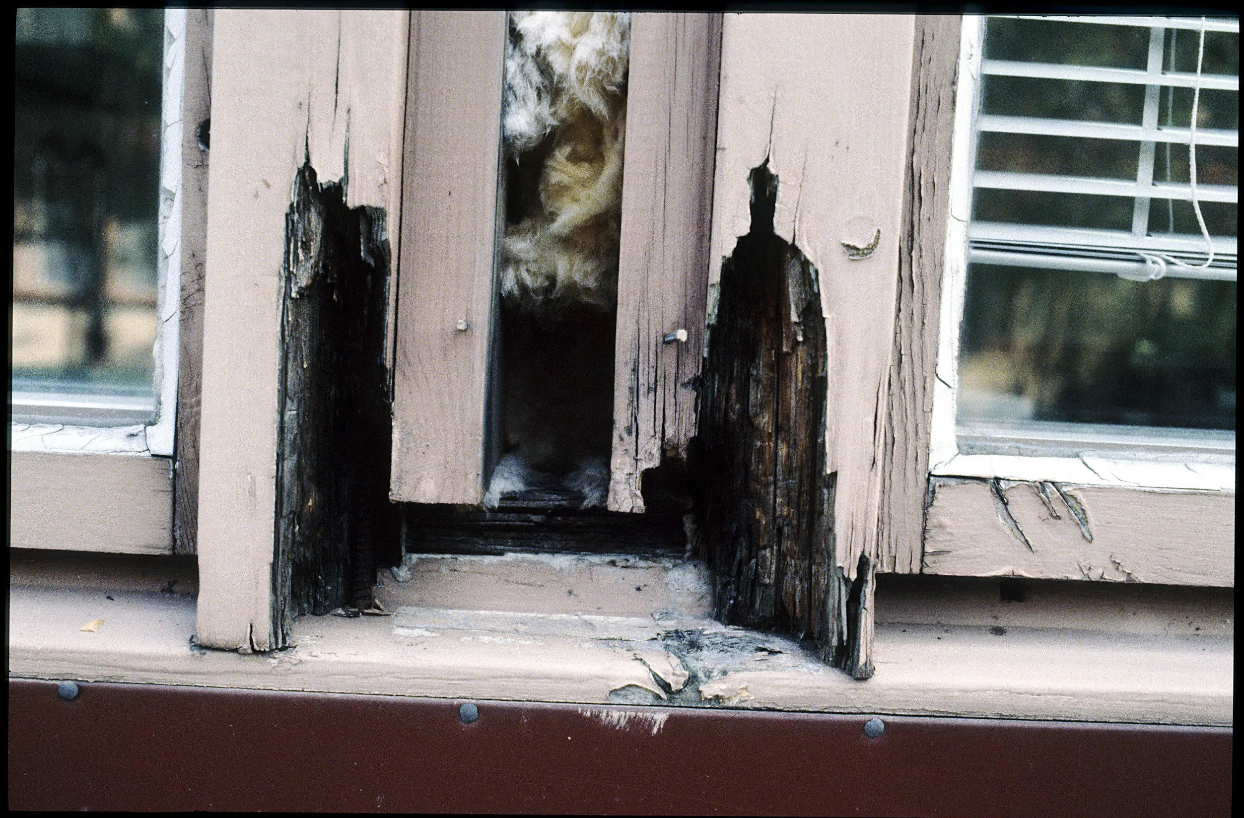 En ljust rosafärgad fönsterkarm söndervittrad av röta.