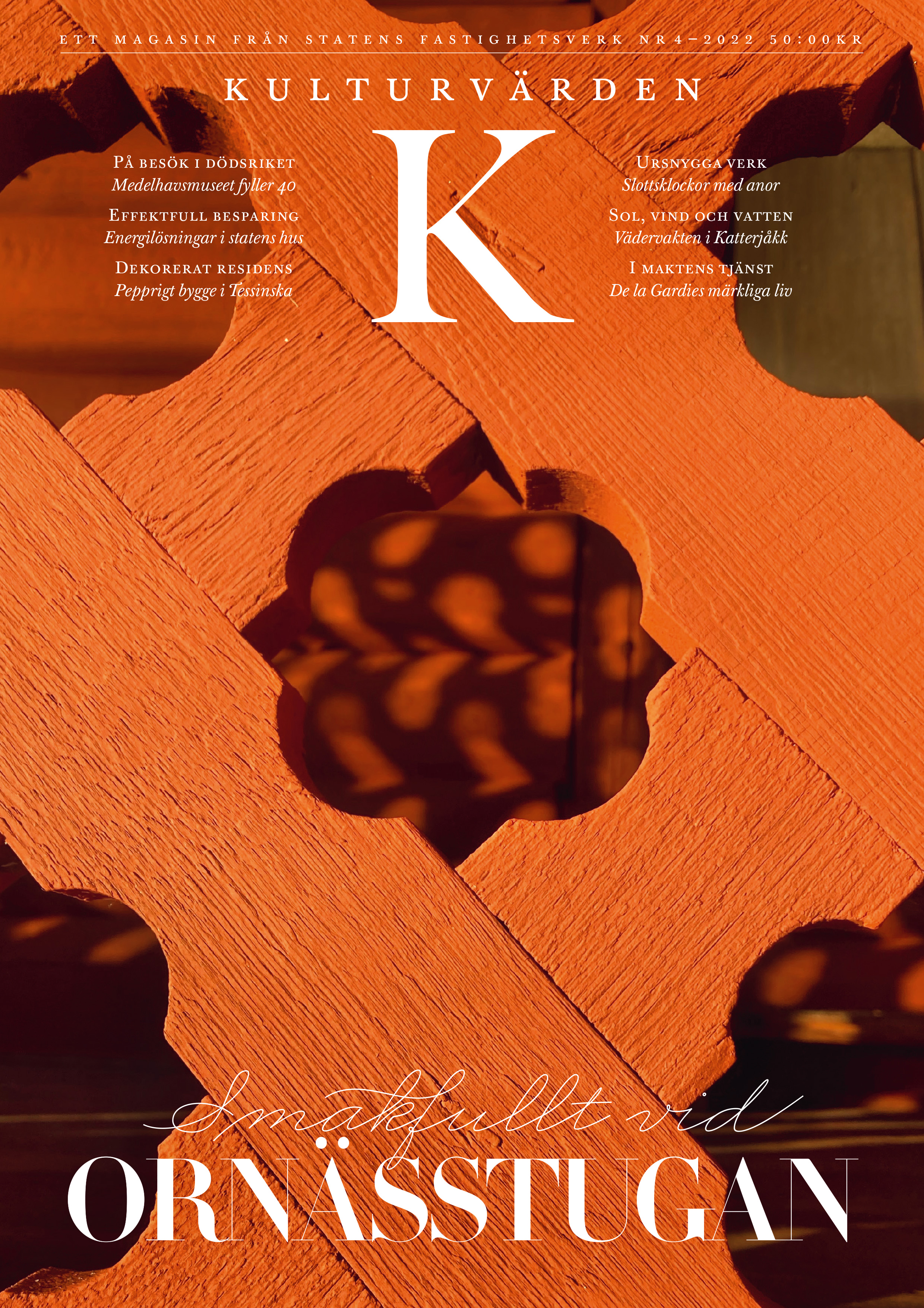 Omslag till Kulturvärden nr 4, 2022. Foto av rött räcke till Ornässtugans loftgång.