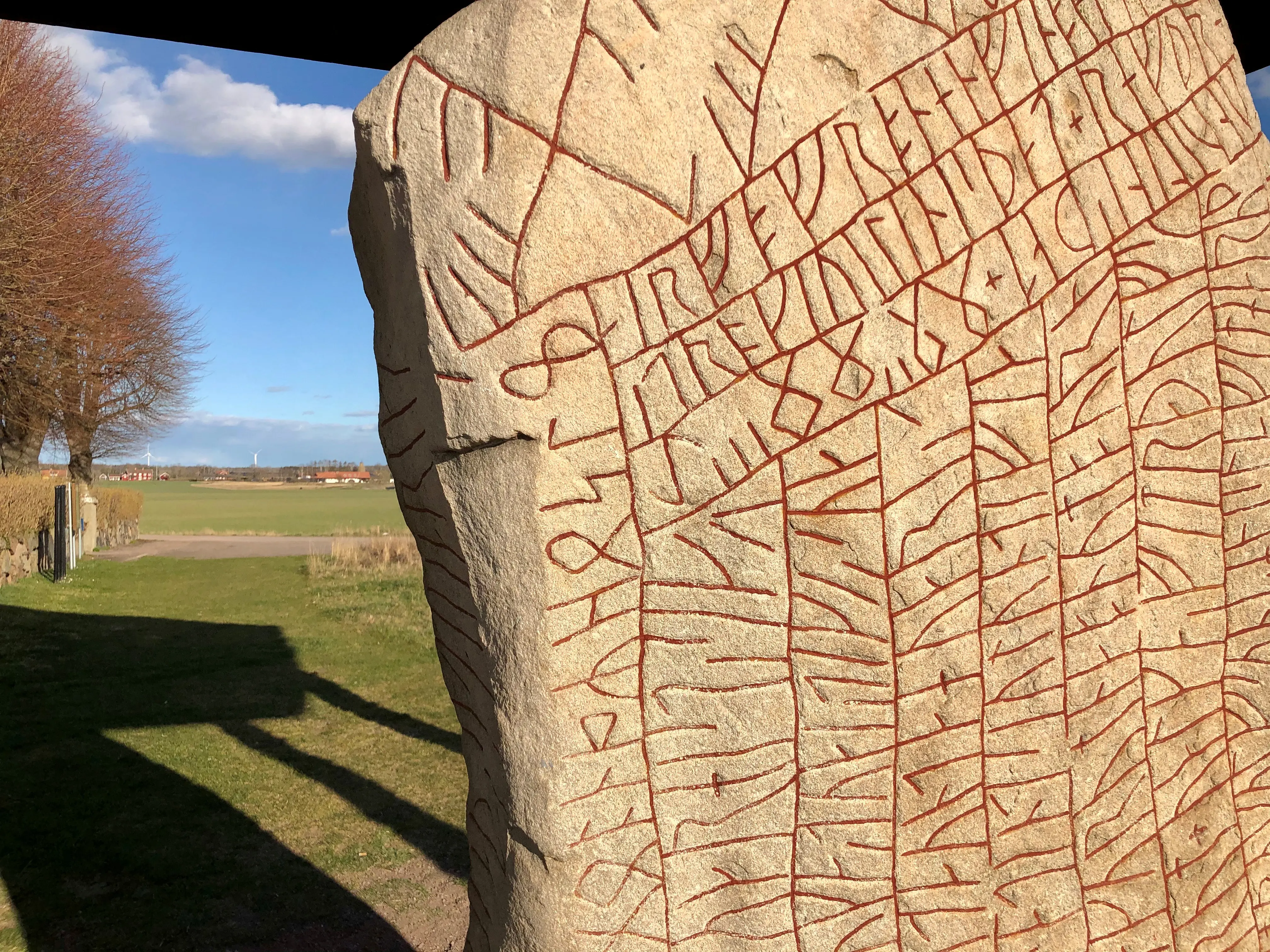 Närbild på Rökstenen. Runorna är ifyllda med röd färg. Bakom stenen skymtar jordbrukslandskapet. Tidig vår.