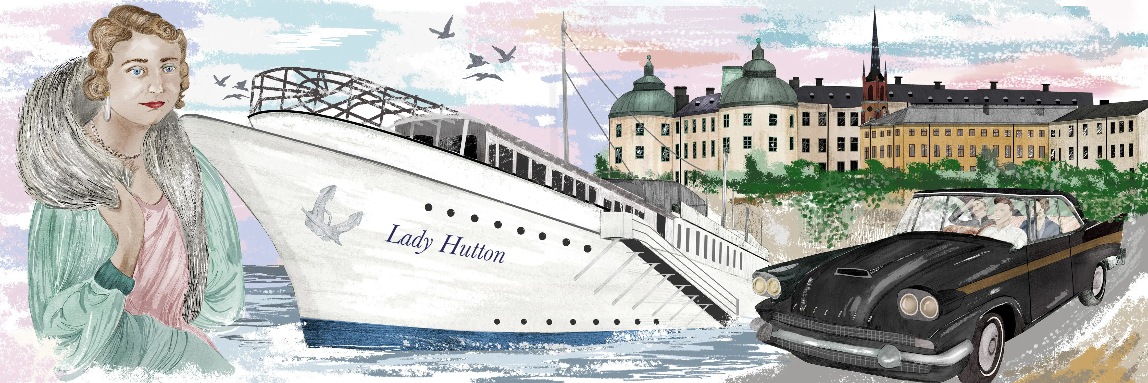 Illustration av Lady Hutton framför båten Mälardrottningen, förtöjd vid Riddarholmskajen.