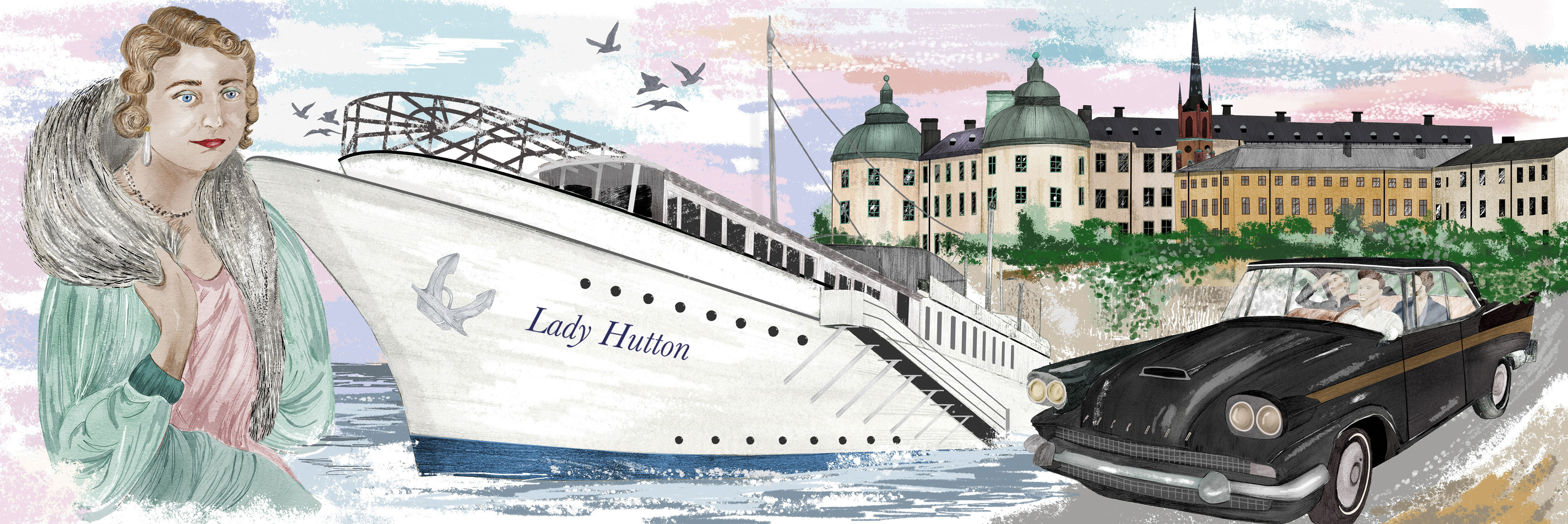 Illustration av Lady Hutton framför båten Mälardrottningen, förtöjd vid Riddarholmskajen.