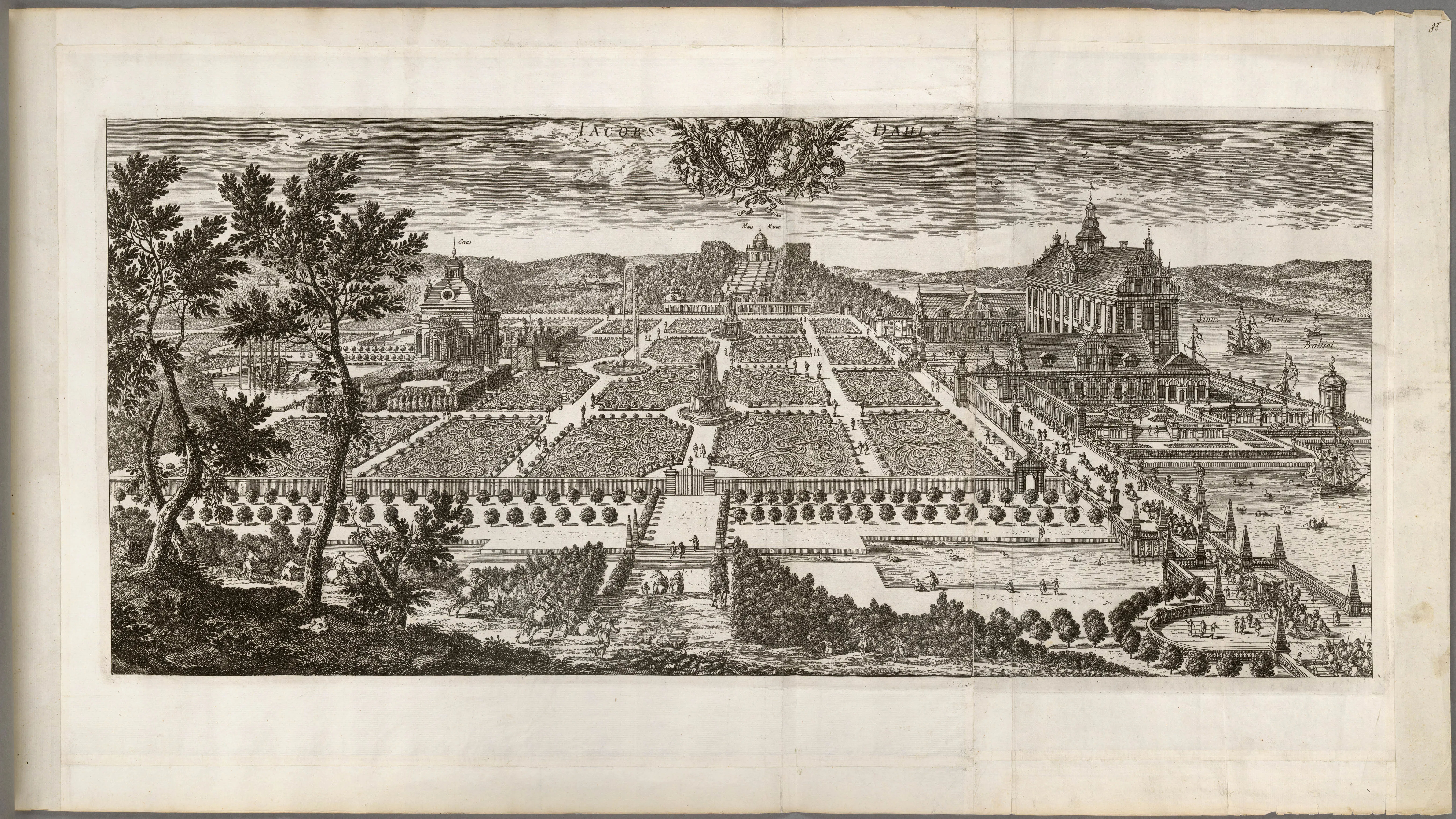 Jacobsdals slott, nuvarande Ulriksdals slott. På bilden från 1670-talet, ur Erik Dahlbergs Suecia antiqua et hodierna, ser du hur slottet och dess lustgård tog sig ut.