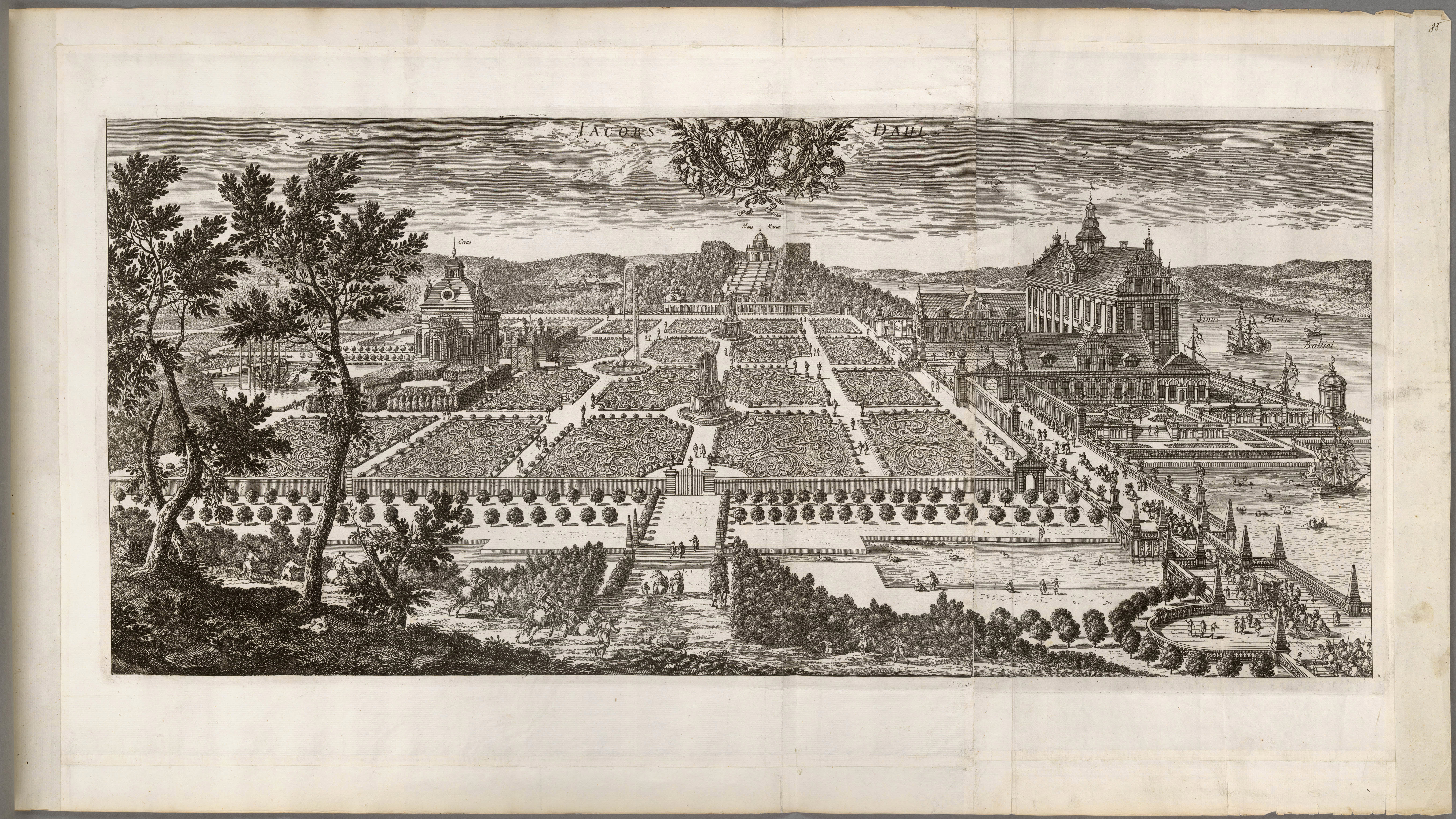 Jacobsdals slott, nuvarande Ulriksdals slott. På bilden från 1670-talet, ur Erik Dahlbergs Suecia antiqua et hodierna, ser du hur slottet och dess lustgård tog sig ut.