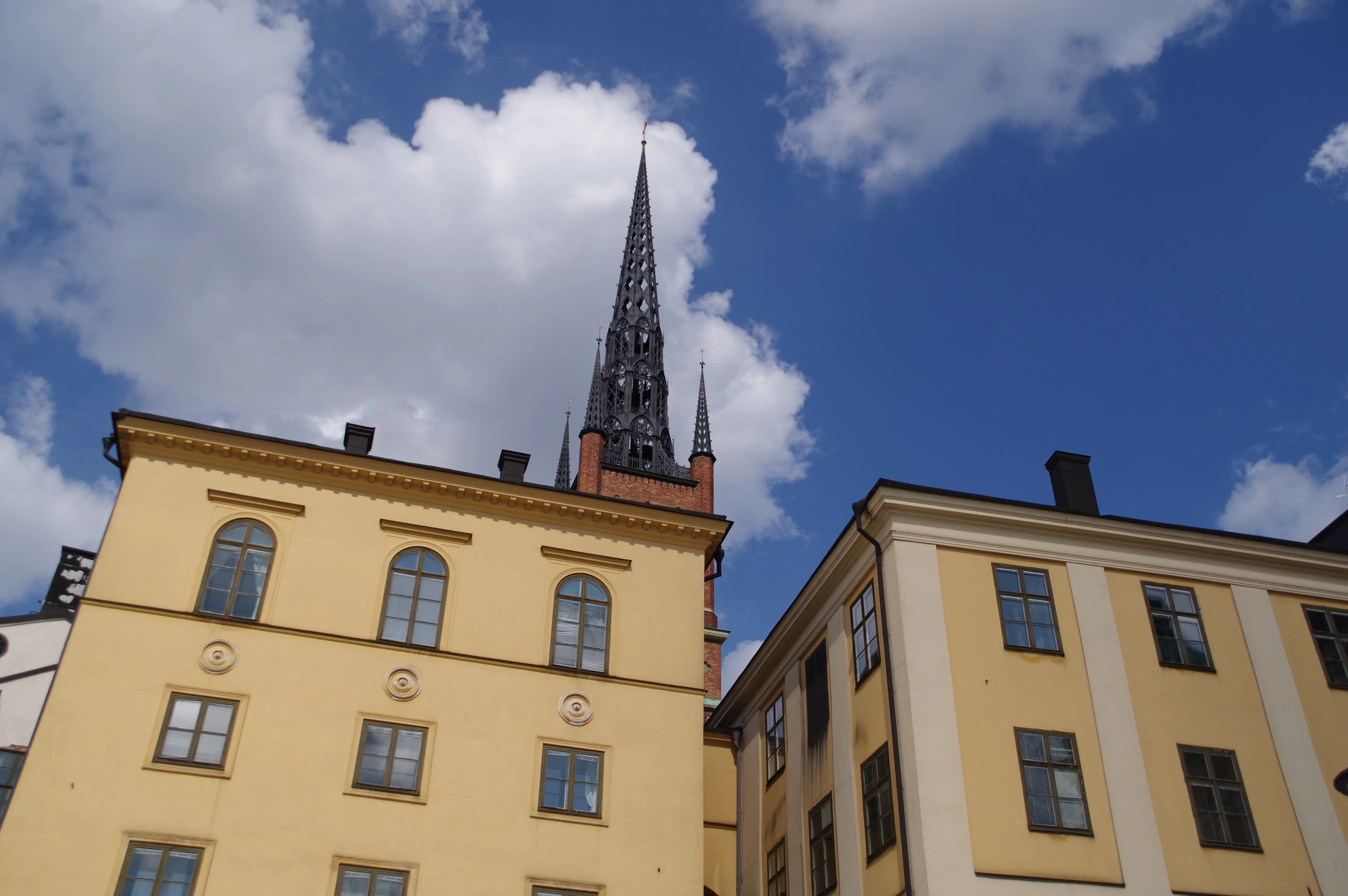 Gymnasiehusens fasader mot vattnet. I bakgrunden Riddarholms-kyrkans spira.
