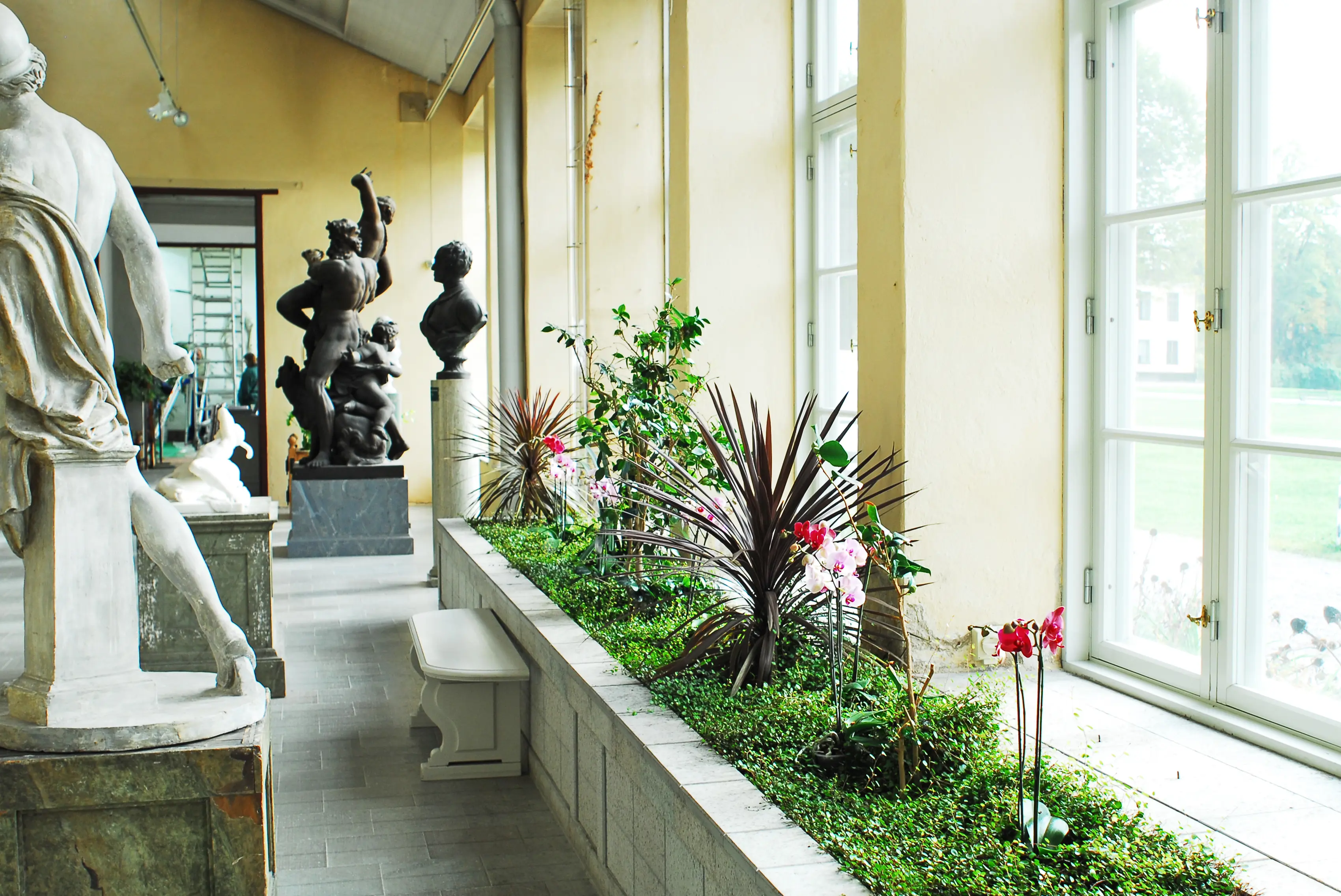 Orangeriet, Ulriksdal. Rum med stora fönster. Skulpturer står uppställda på stensocklar. Längs fönstret går en bädd med orkidéer och andra växter.