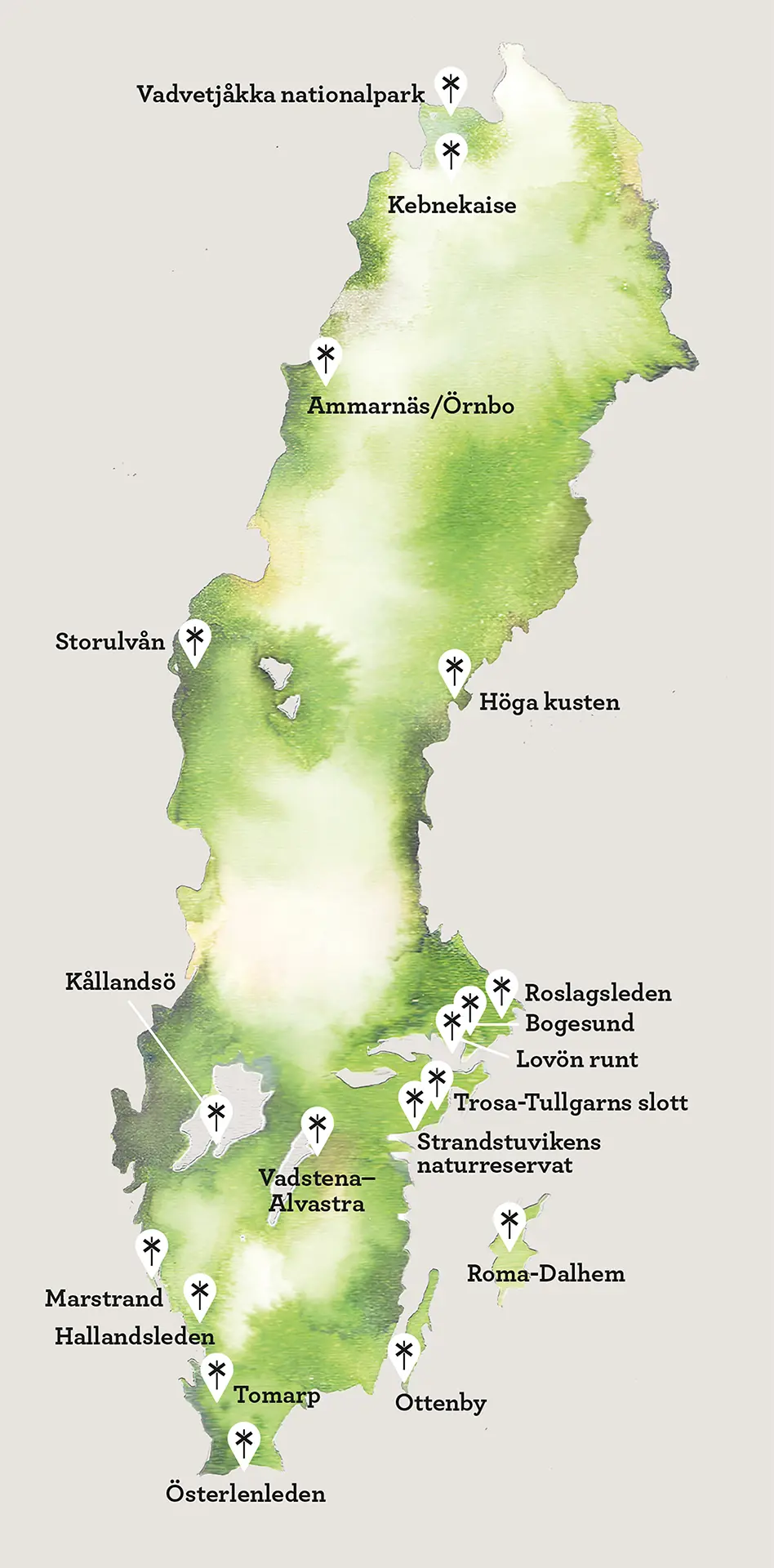 Karta med exempel på vandringsleder i Sverige