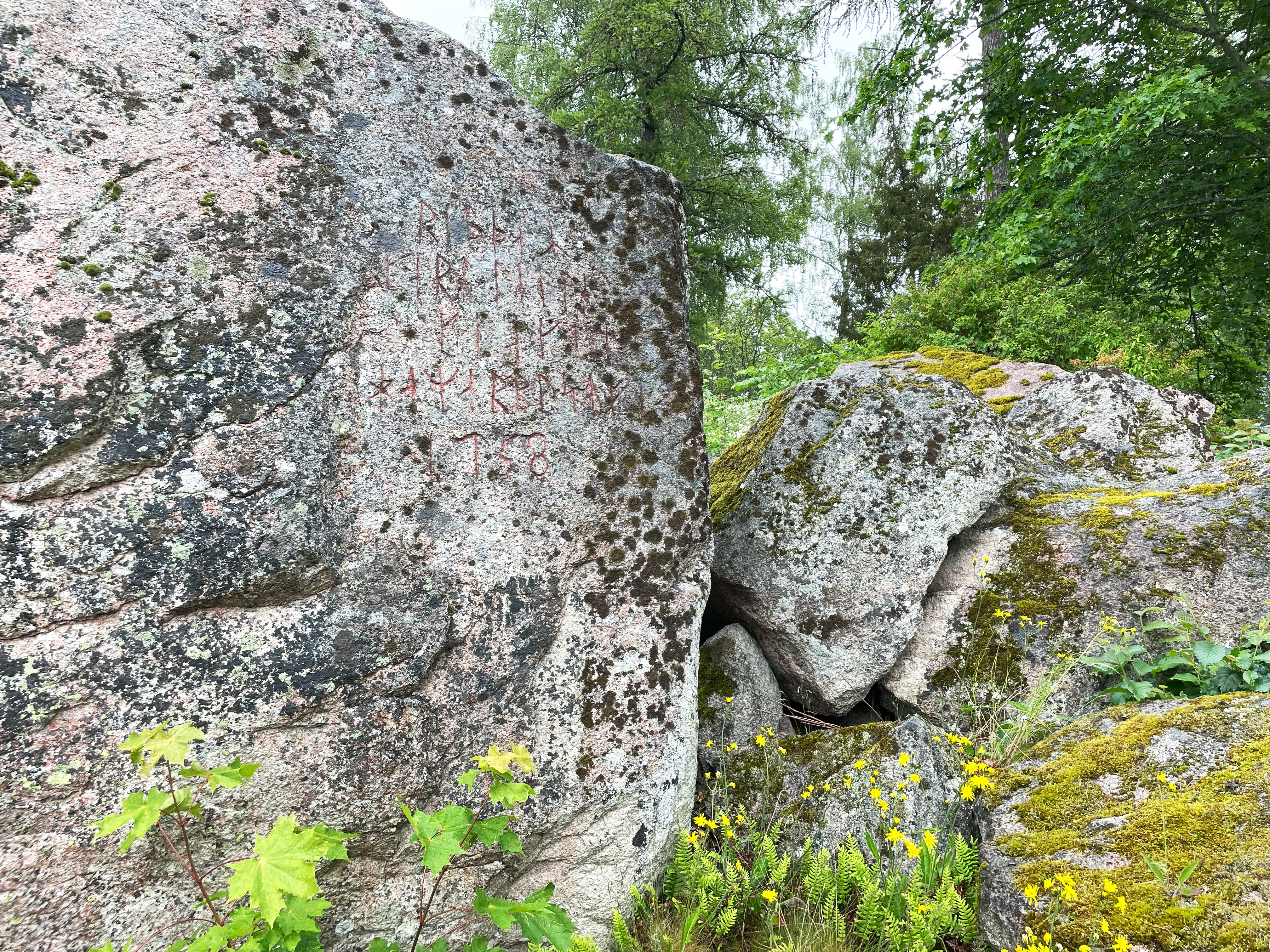 Stort klipp-block omgivet av grönska. På stenens yta är några rader med run-skrift inristade.