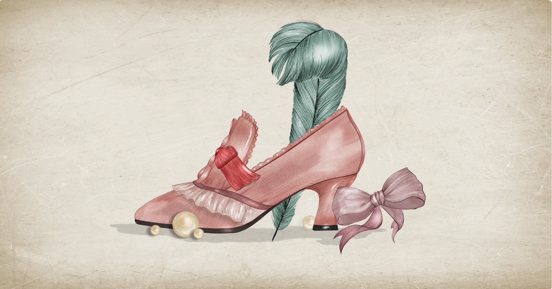 En rosa damsko i 1700-talssnitt, framför ligger pärlor och en rosett, bakom syns en fjäder