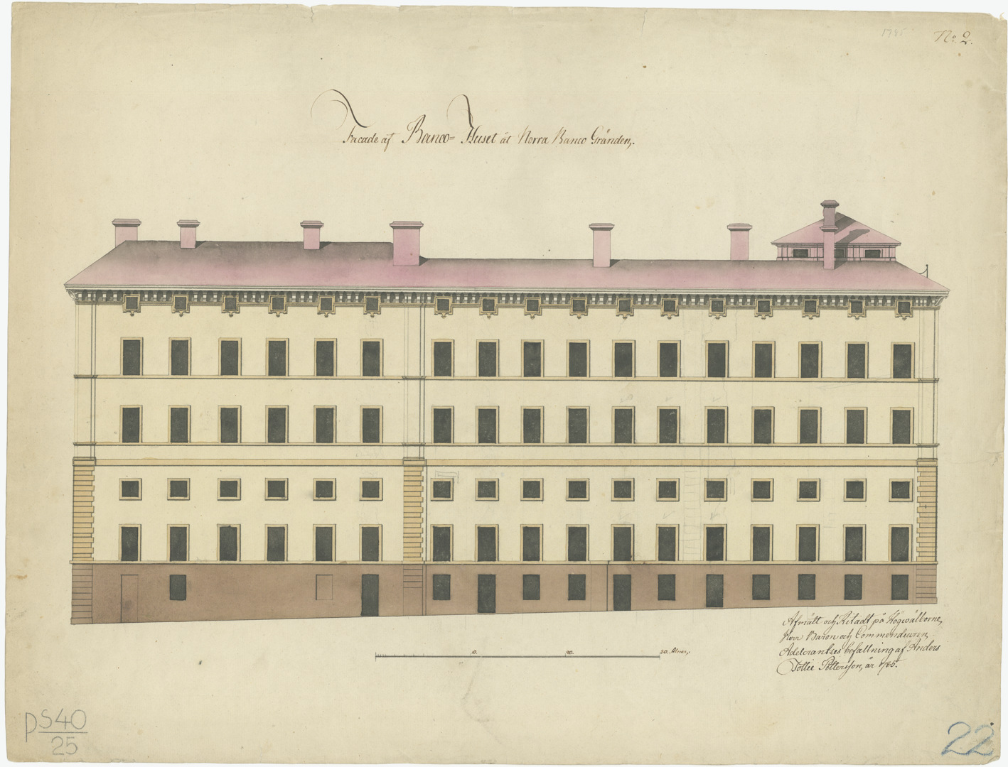 Gammal ritning över fasaden på Södra bankohuset mot Norra Bankogränd. Ritningen visar 6 våningar. Taket är målat i rosa och grunden i brunt.