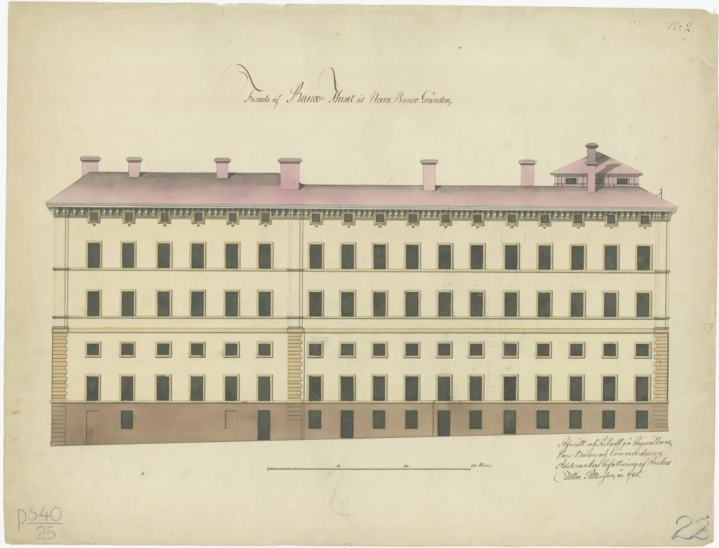 Gammal ritning över fasaden på Södra bankohuset mot Norra Bankogränd. Ritningen visar 6 våningar. Taket är målat i rosa och grunden i brunt.