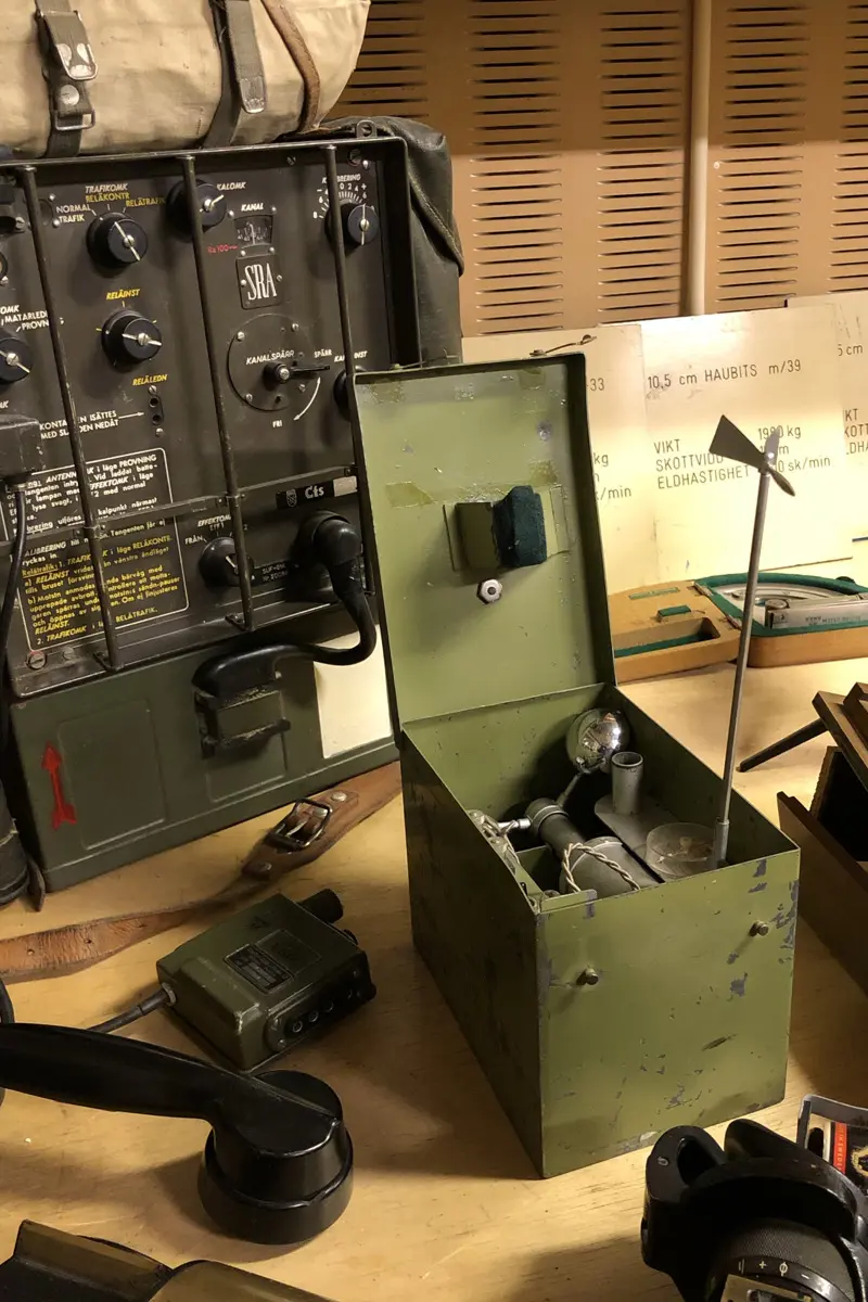 Skrivbord med telefonlur och militär utrustning.