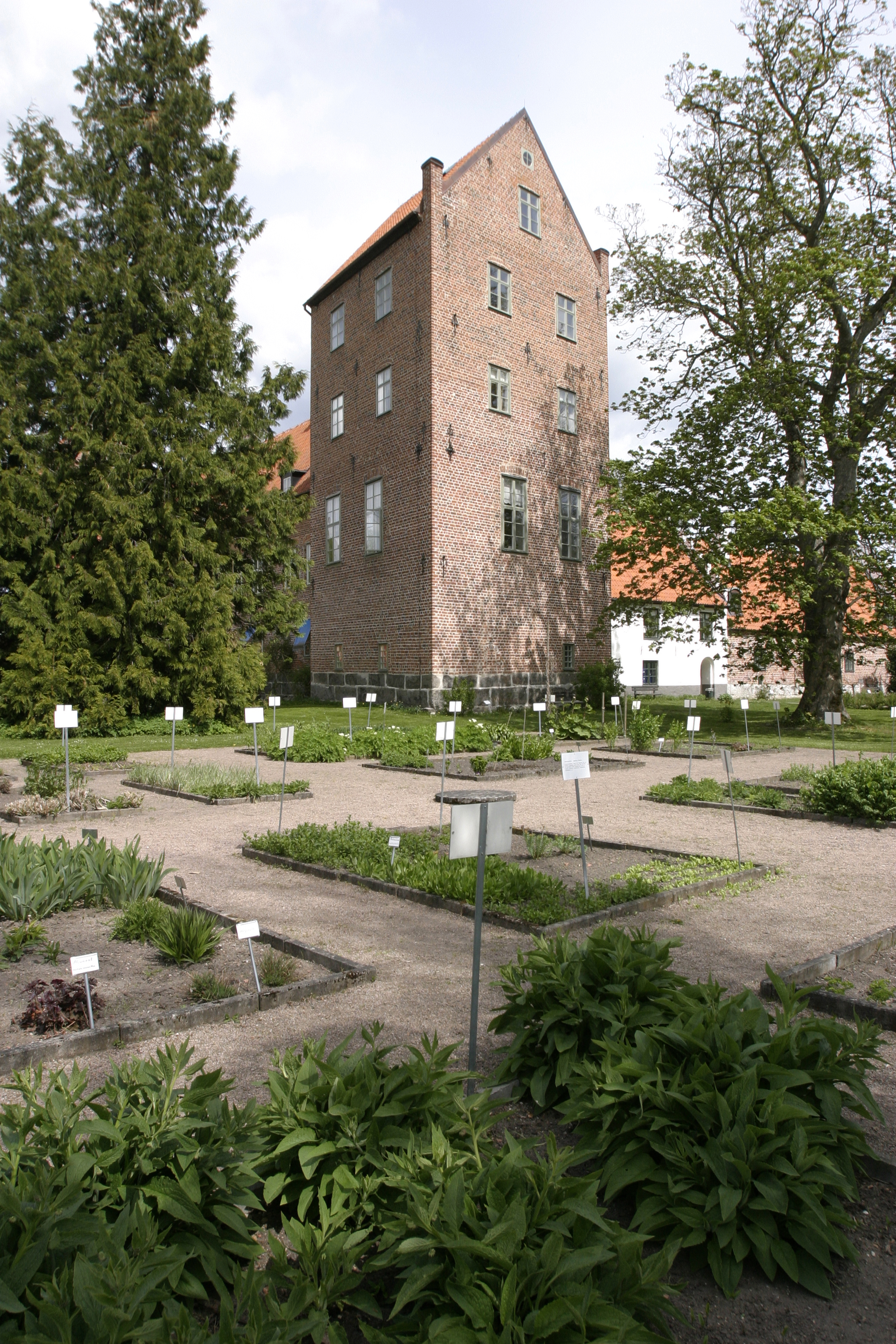Köksträdgården Bäckaskogs slotts-park. I bakgrunden ett av slottets torn.