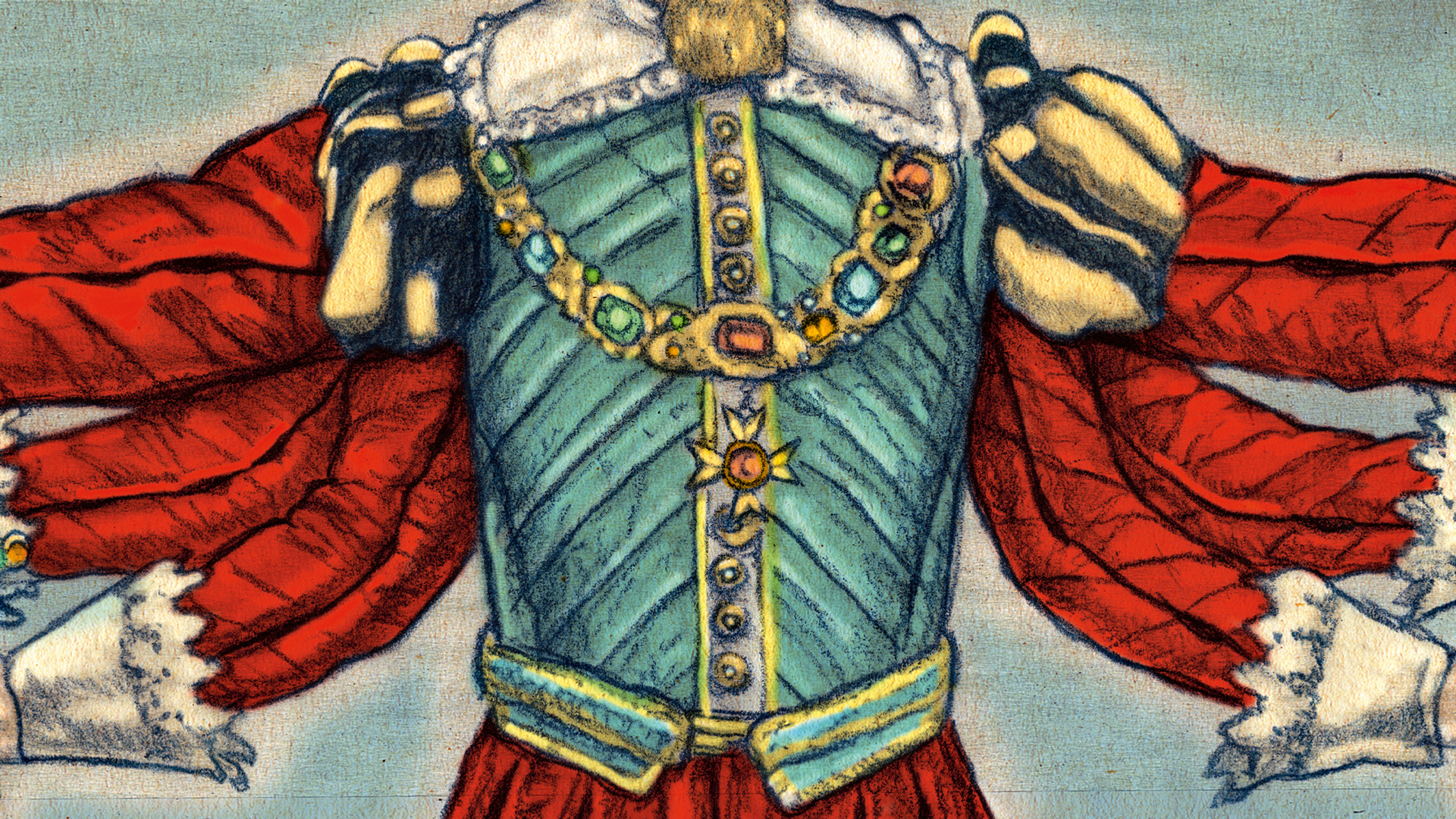 illustration av en mans torso i röda 1600-talskläder och bröstharnesk med medaljer och kedjor på. Mannen har många armar.