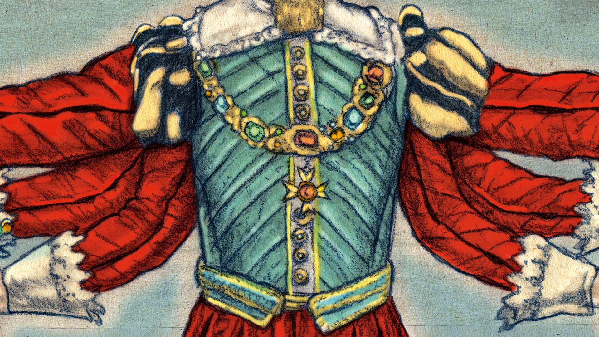 illustration av en mans torso i röda 1600-talskläder och bröstharnesk med medaljer och kedjor på. Mannen har många armar.