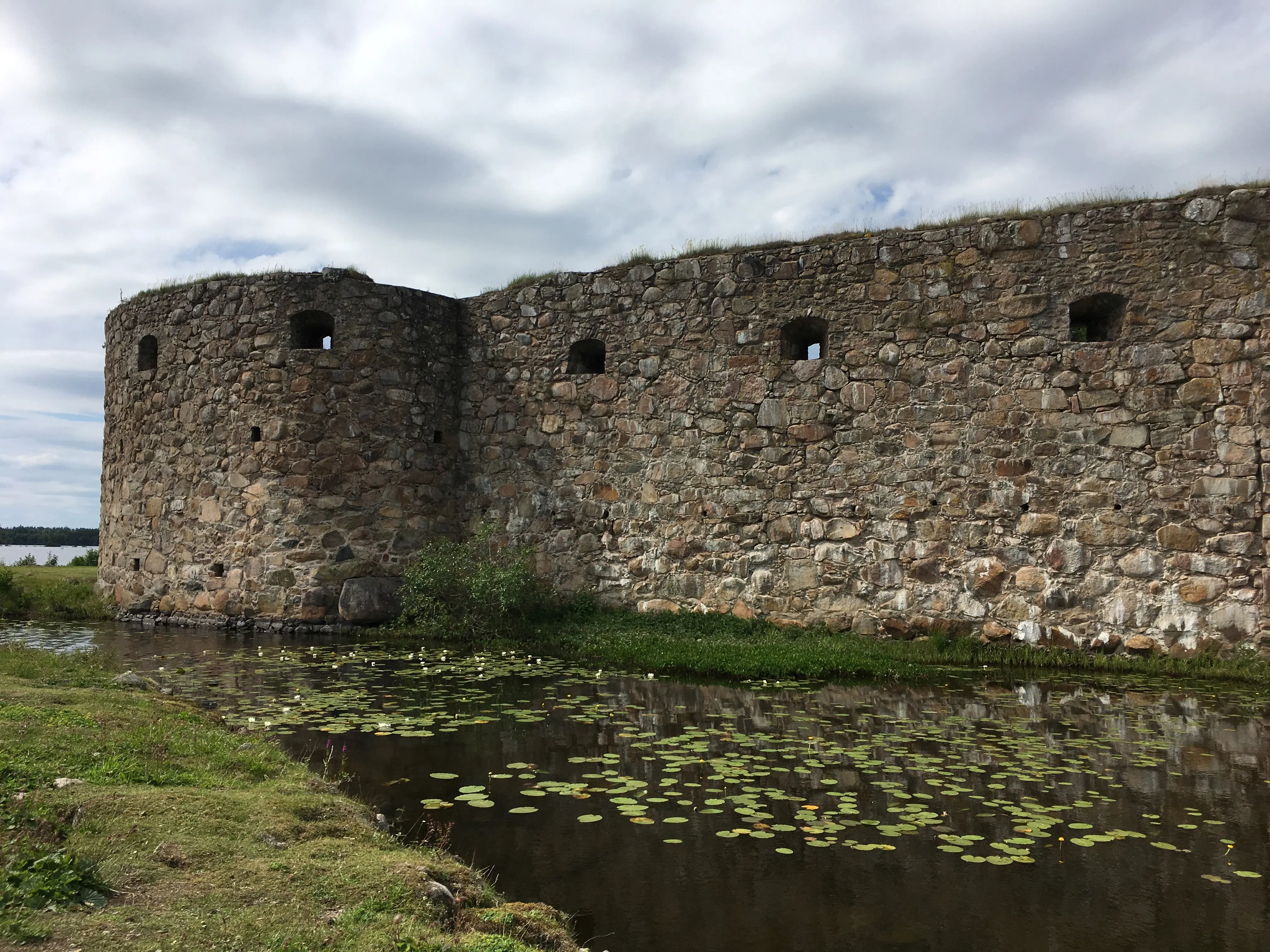 Kronobergs slottsruin om given av vita näckrosor.