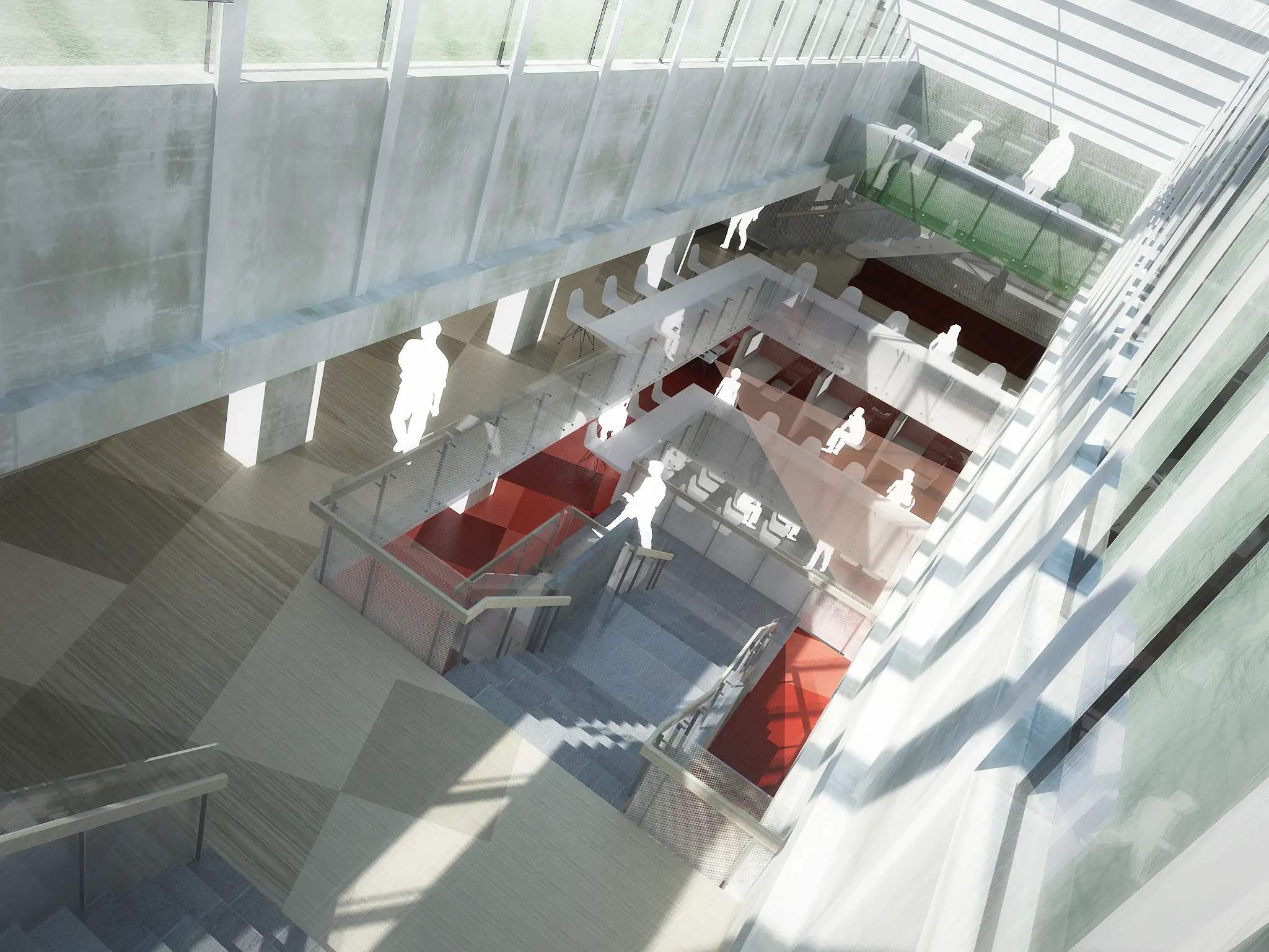 Arkitektskiss över trappan ned till samlingar och arkiv på Kungliga biblioteket, Stockholm.