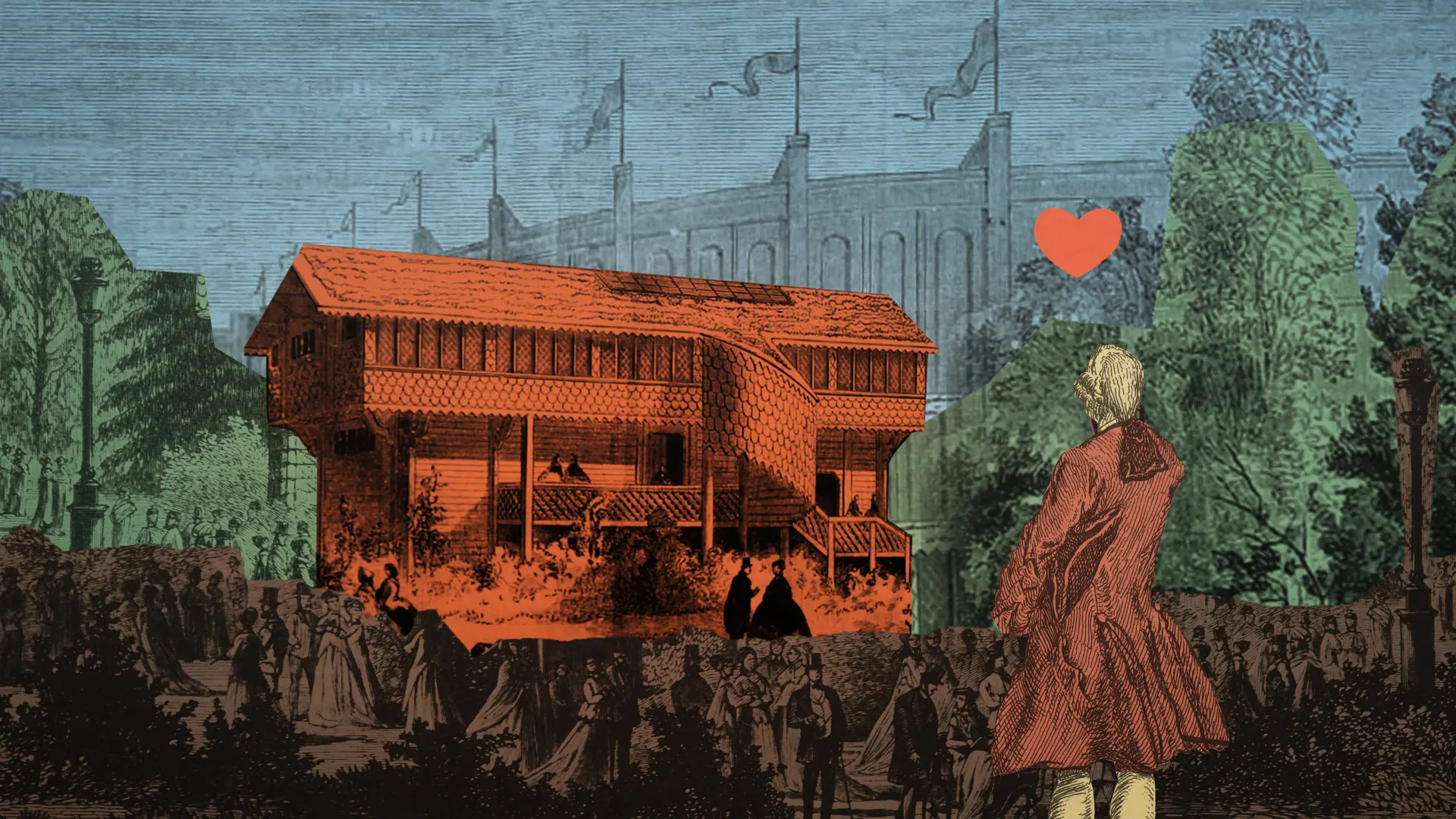 Ett tecknat collage, Röd loftbyggnad med en man i 1700-talskläder i förgrunden.