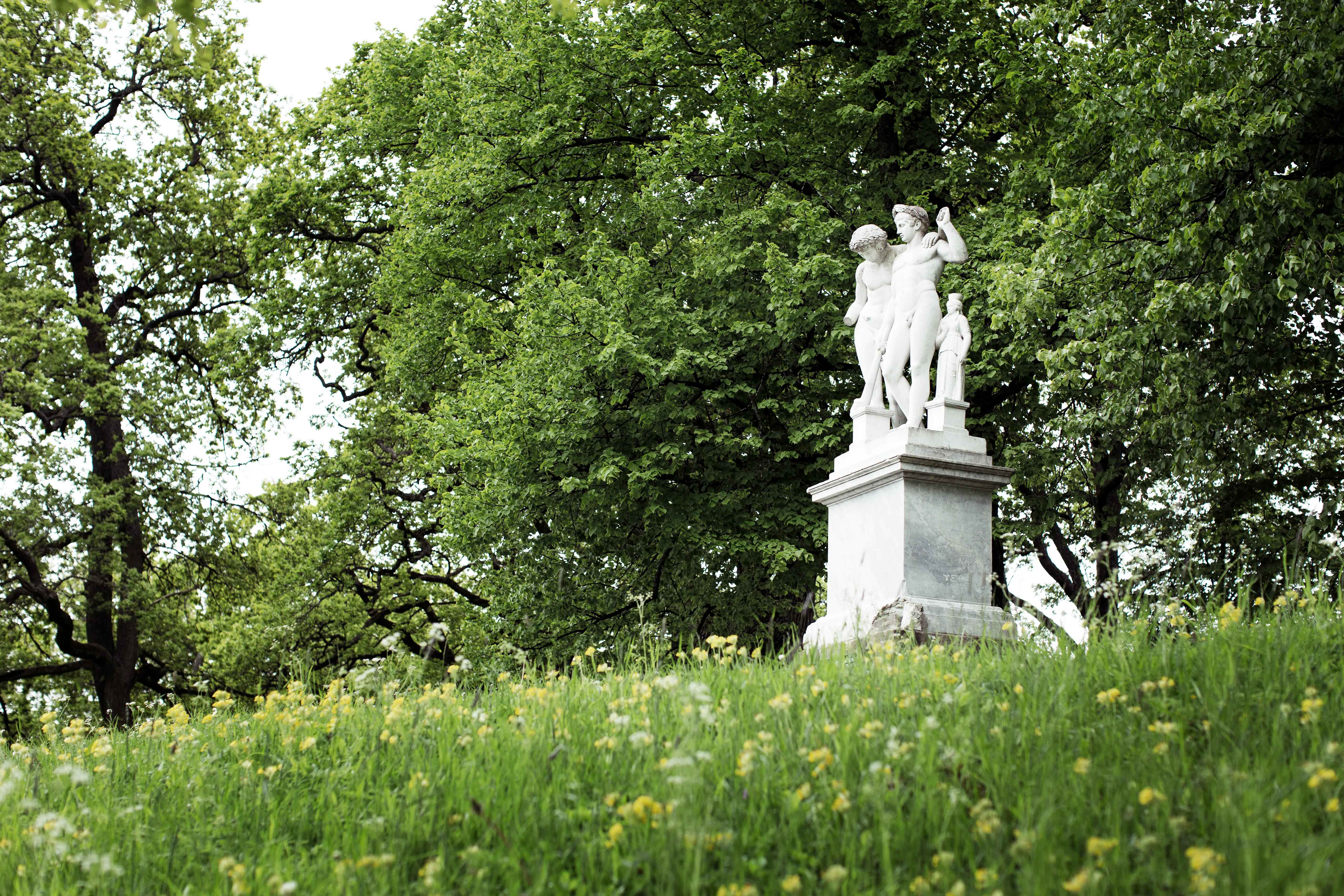 Drottningholms slottsträdgård. En vit stenskulptur av Castor och Pollux står omgiven av gräs, småblomster och lummiga, stora träd.