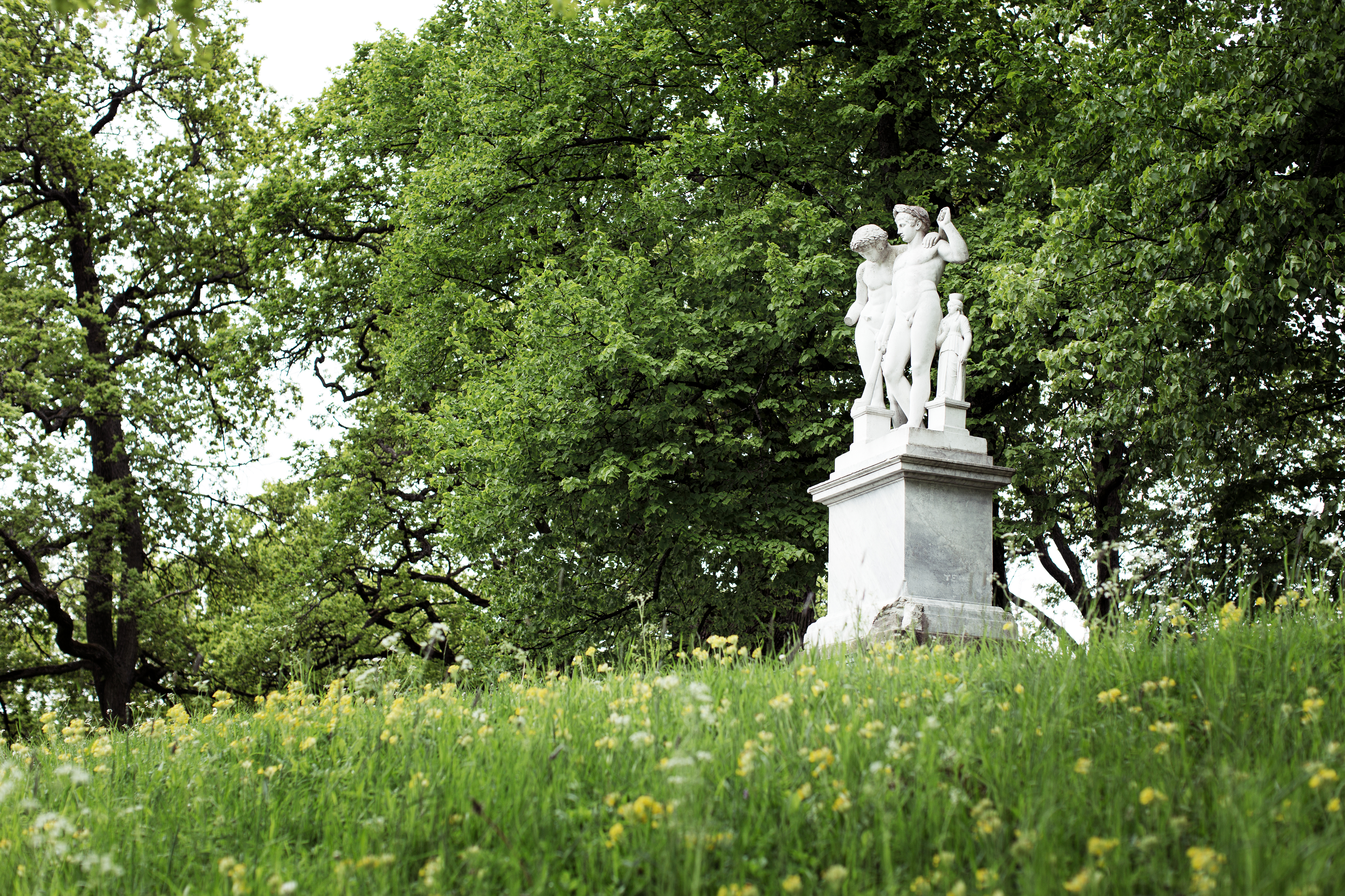 Drottningholms slottsträdgård. En vit stenskulptur av Castor och Pollux står omgiven av gräs, småblomster och lummiga, stora träd.