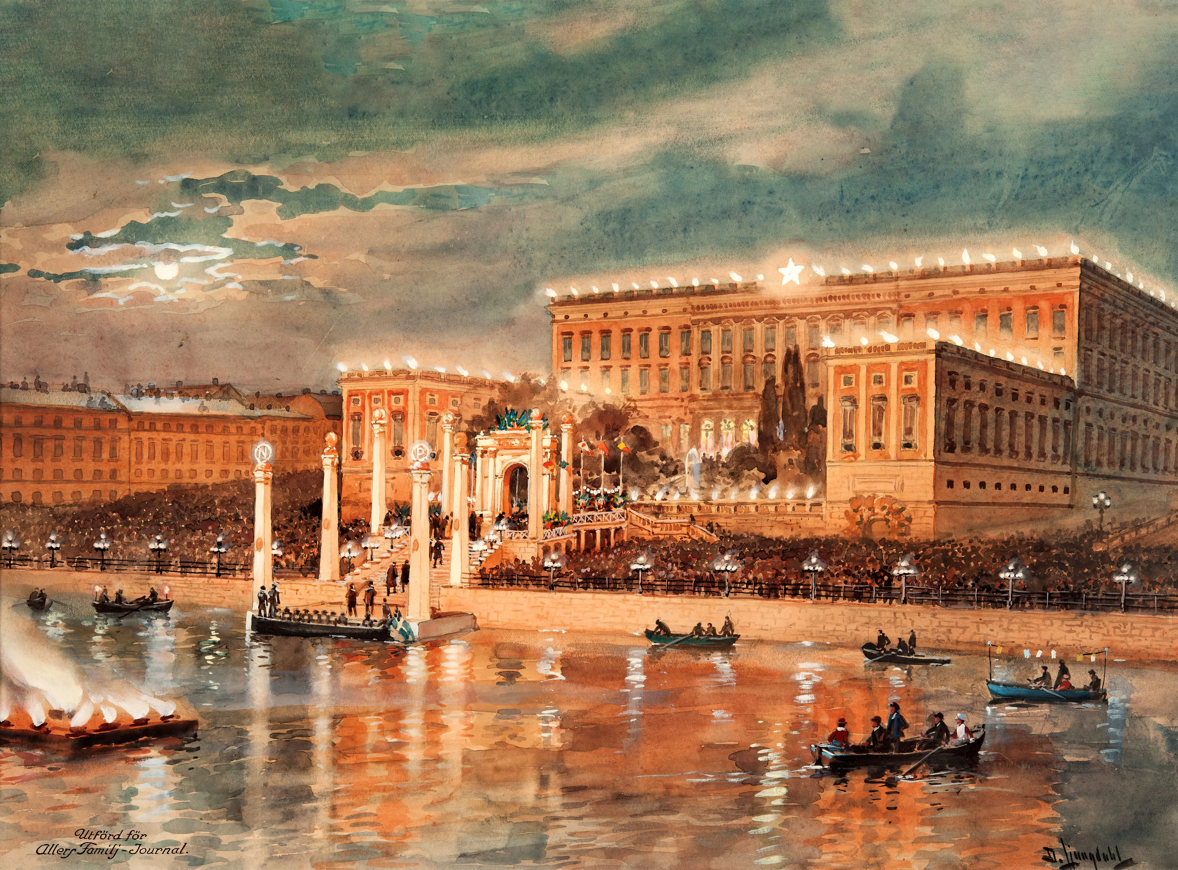 Illustration av äreporten vid Stockholms slott inför Vegas återkomst till Stockholm 1880.