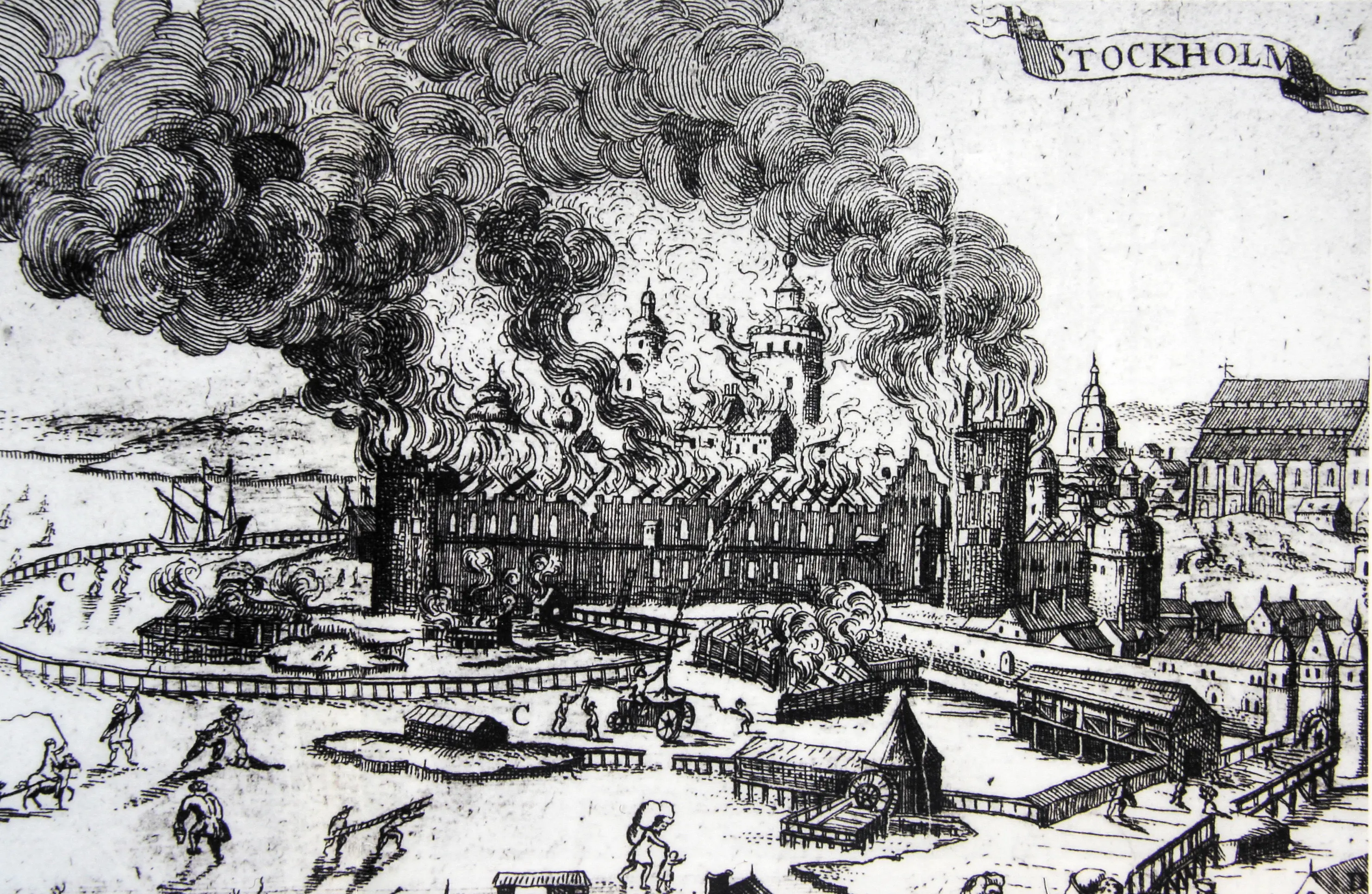 Slottet Tre kronor i brand - ur Suecia Antiqua et Hodierna