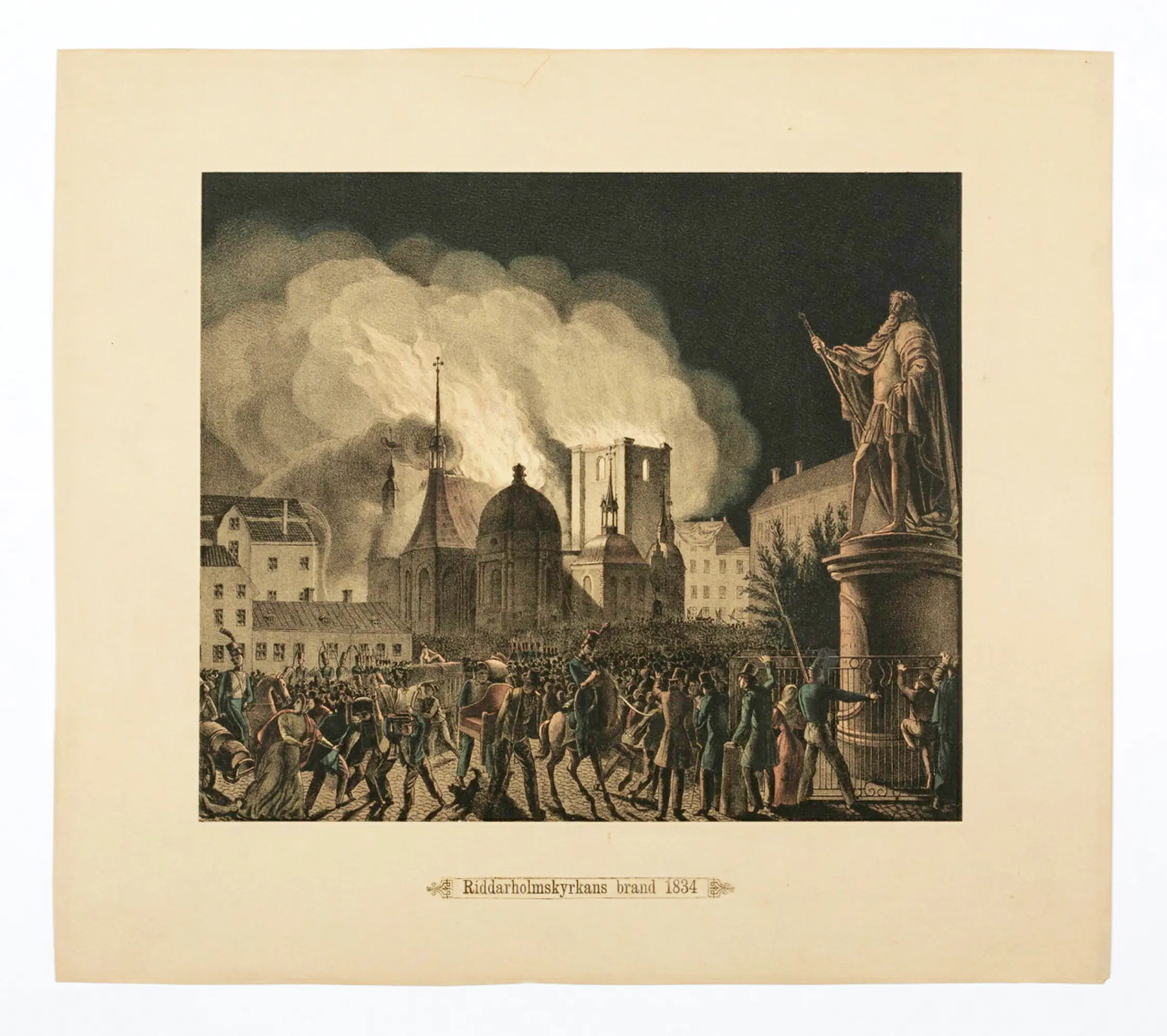 Målning av branden i Riddarholmskyrkans torn 1835. Av Anders Lundquist.