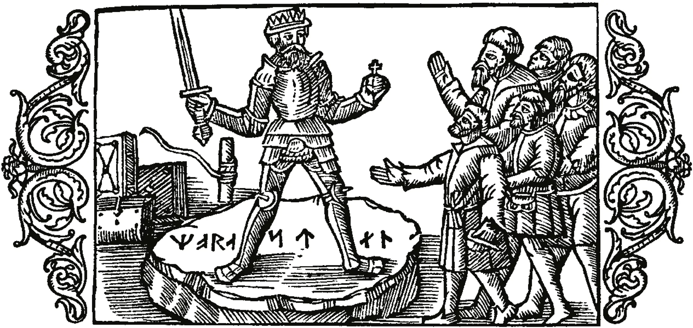 Konungaval vid Mora stenar, hämtad ur Olaus Magnus "Historia om de nordiska folken" utgiven 1555.