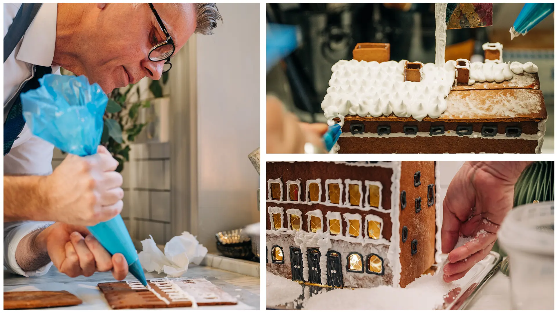 Ett collage med personer som dekorerar ett pepparkakshus.