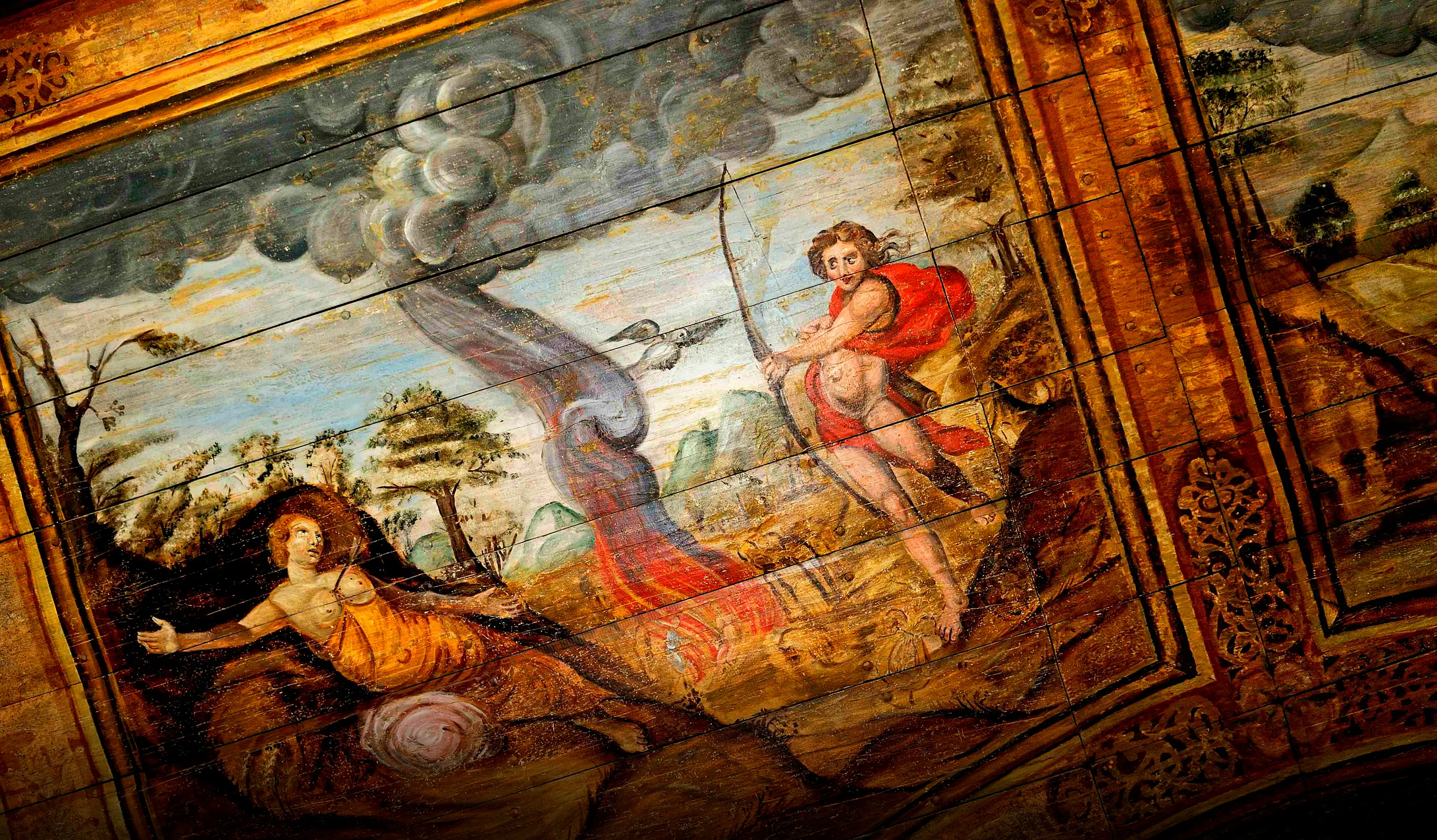 Tak från Göteborgs länsresidens med motiv efter kopparstick av Hendrik Goltzsius föreställande en scen ur Ovidius metamorfoser.