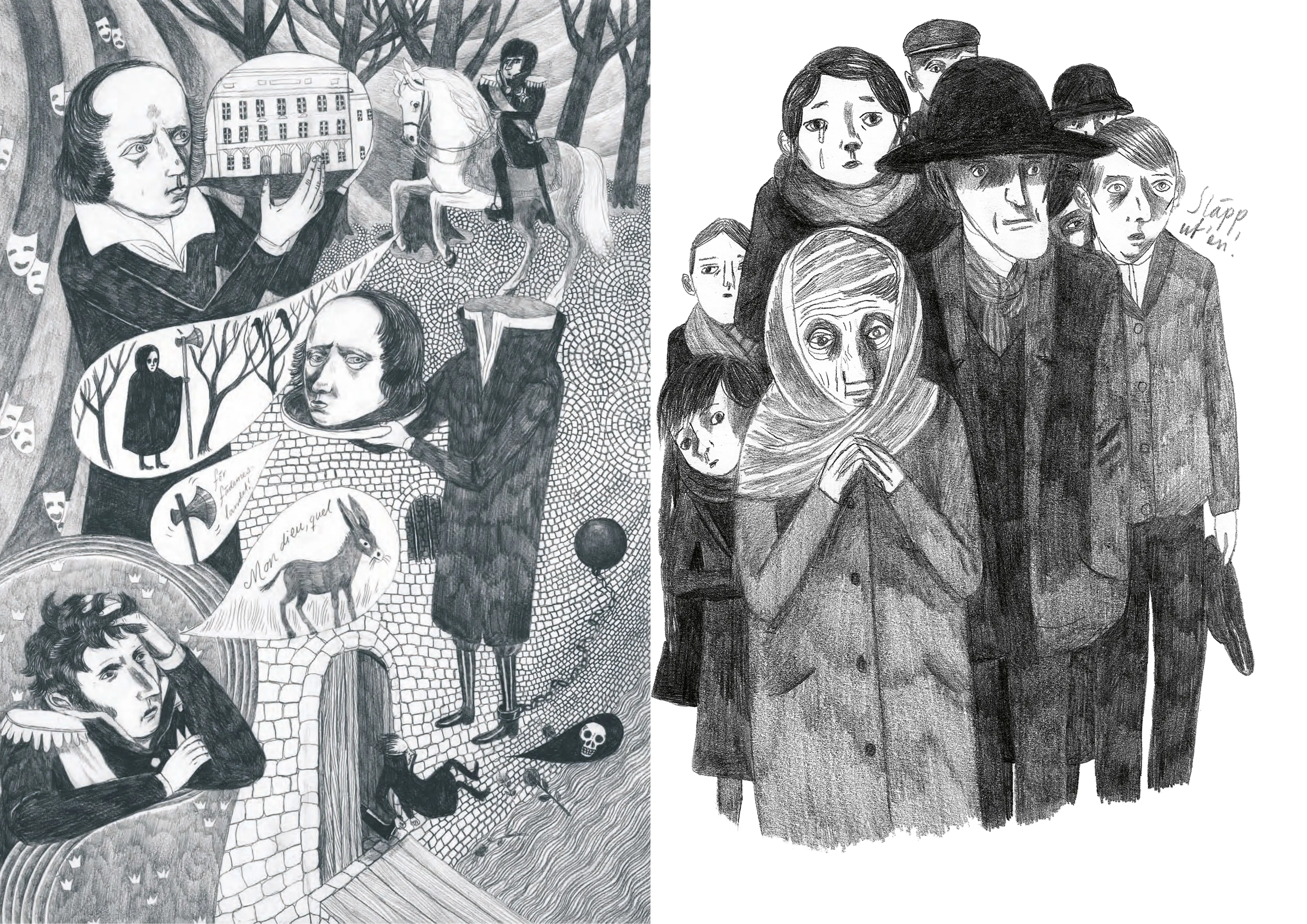 Svartvit illustration av Anders Lindeberg på Vaxholms fästning samt en folkhop.