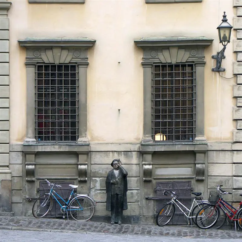 Bilden visar två fönster med galler på ett gammalt putsat hus med fönsteromfattningar . Mellan fönstren står en bronsstaty föreställande Evert Taube i basker och glasögon.