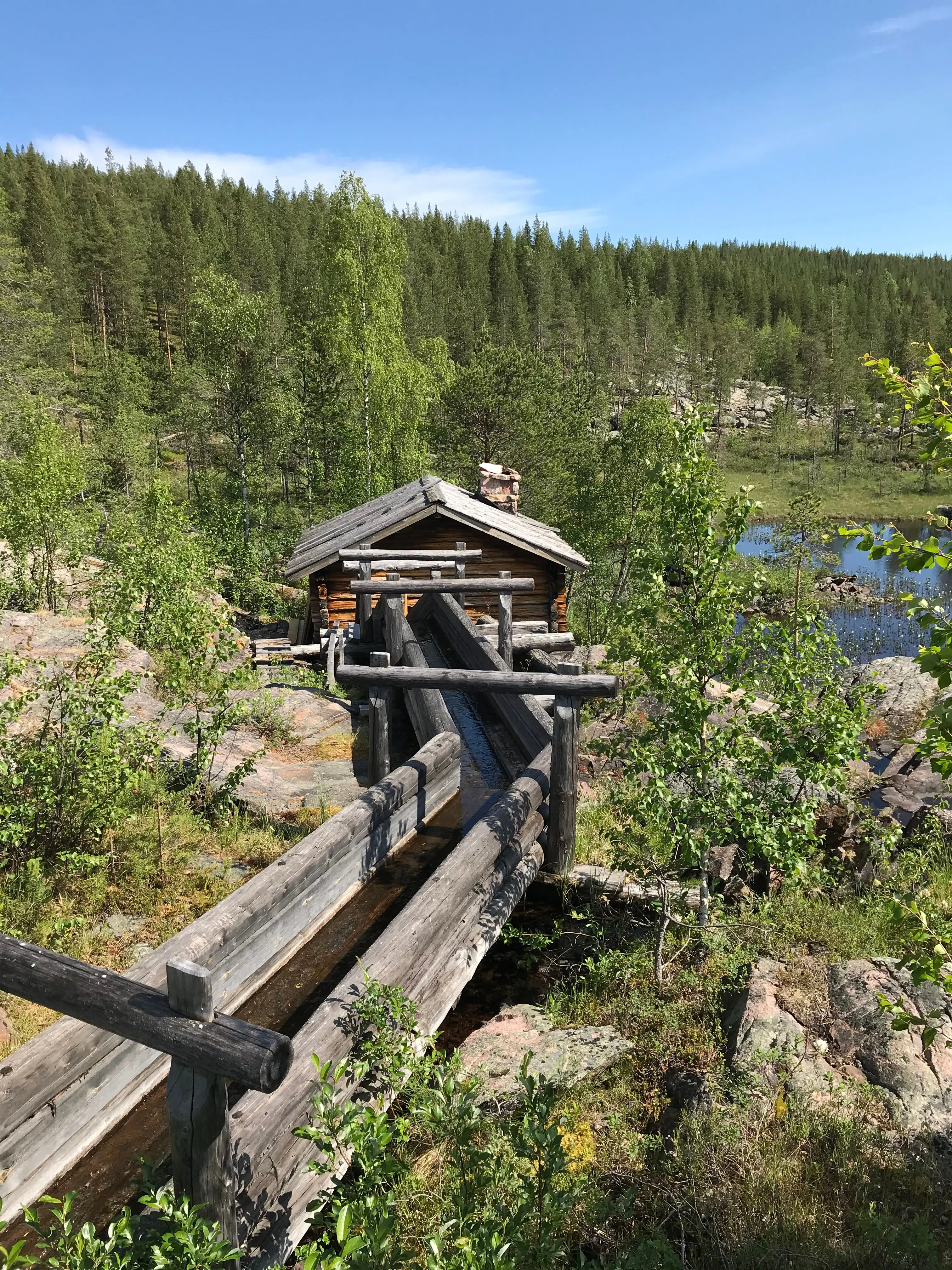 Granuddens skvaltkvarn. En träränna löper nedför berget till det lilla timmerhuset som rymmer kvarnen. Sommar och grönska.