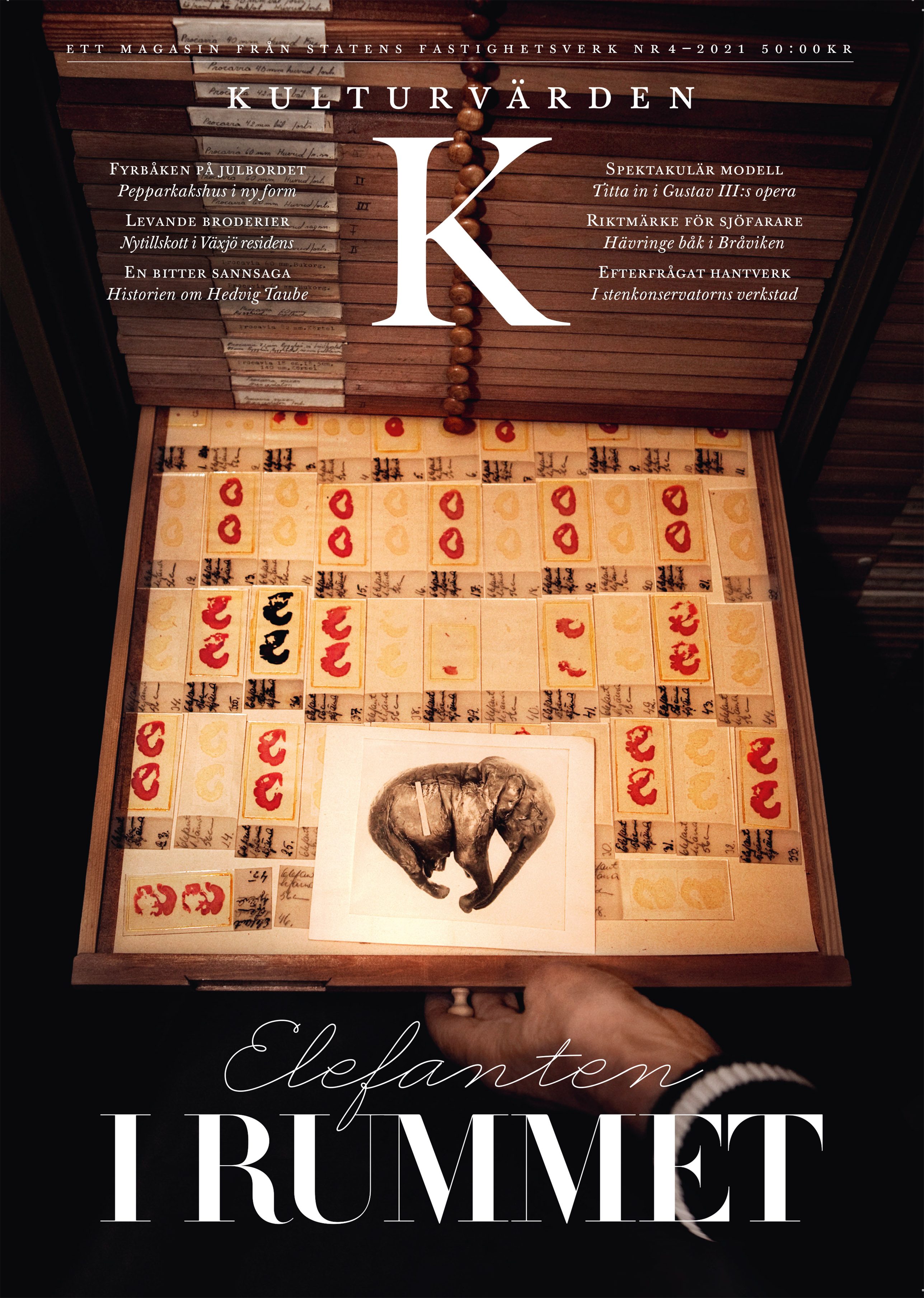 Omslag till Kulturvärden nr 4, 2021. Foto på en utdragen låda med vävnadsprover av elefantfoster från Embryologiska institutionen vid Lunds universitet.