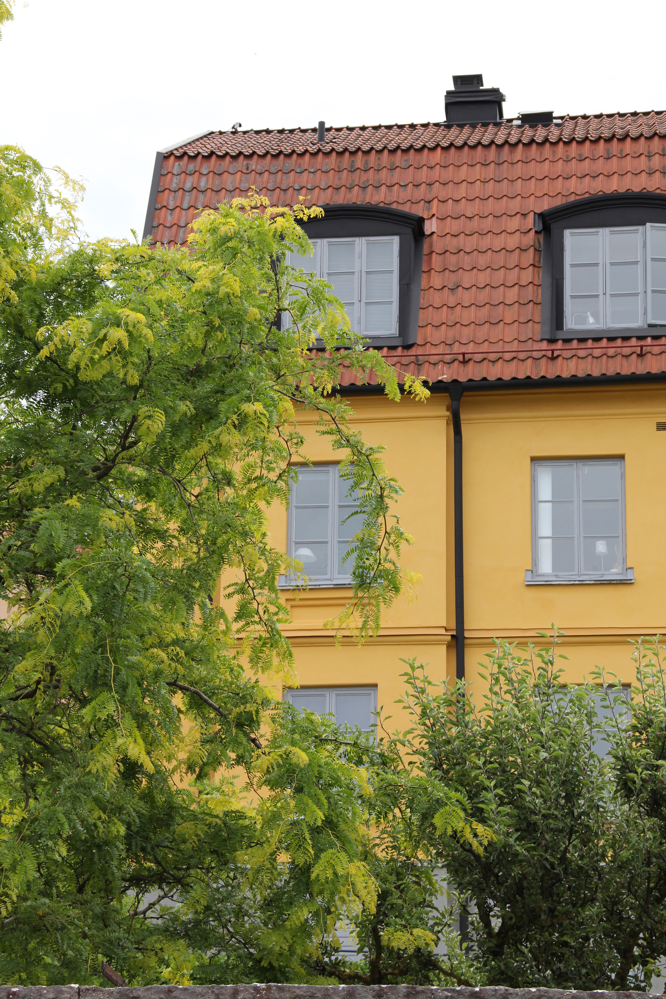 Visby residens. Klargult hus inbäddat i grönska.