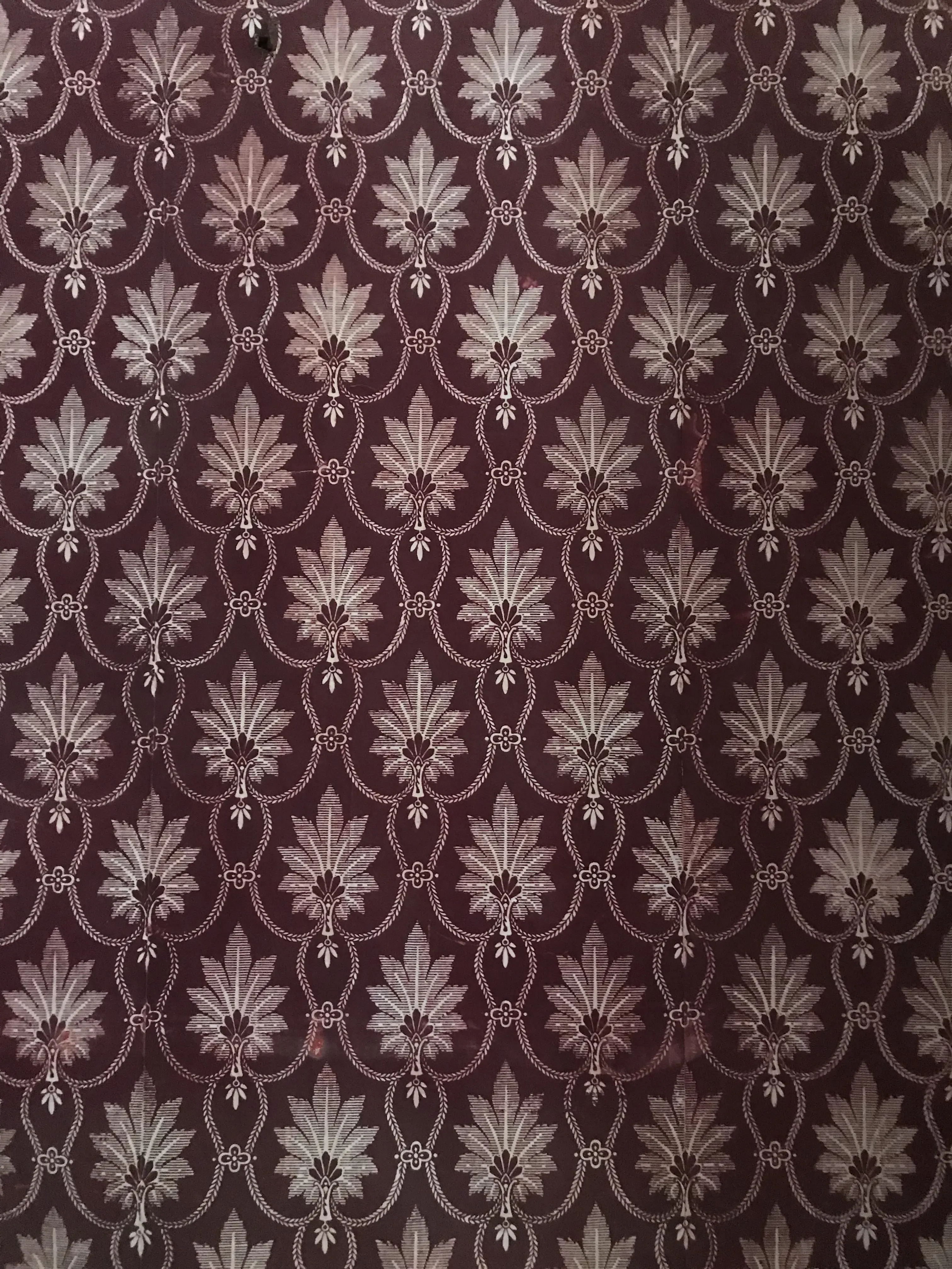 Interiör, Bogesunds slott. Mörk-röd tapet med ljus växt-ornamentik.