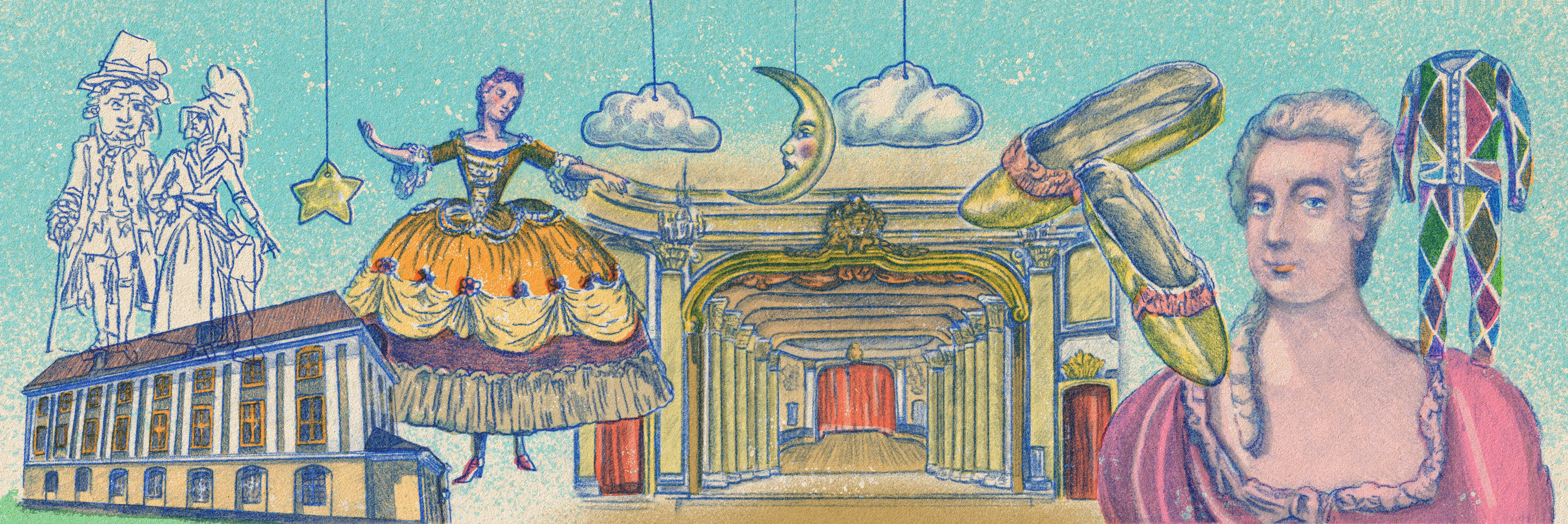 Illustration föreställande prima ballerina Madame Dulondel och Ulriksdals slottsteater Confidencen.