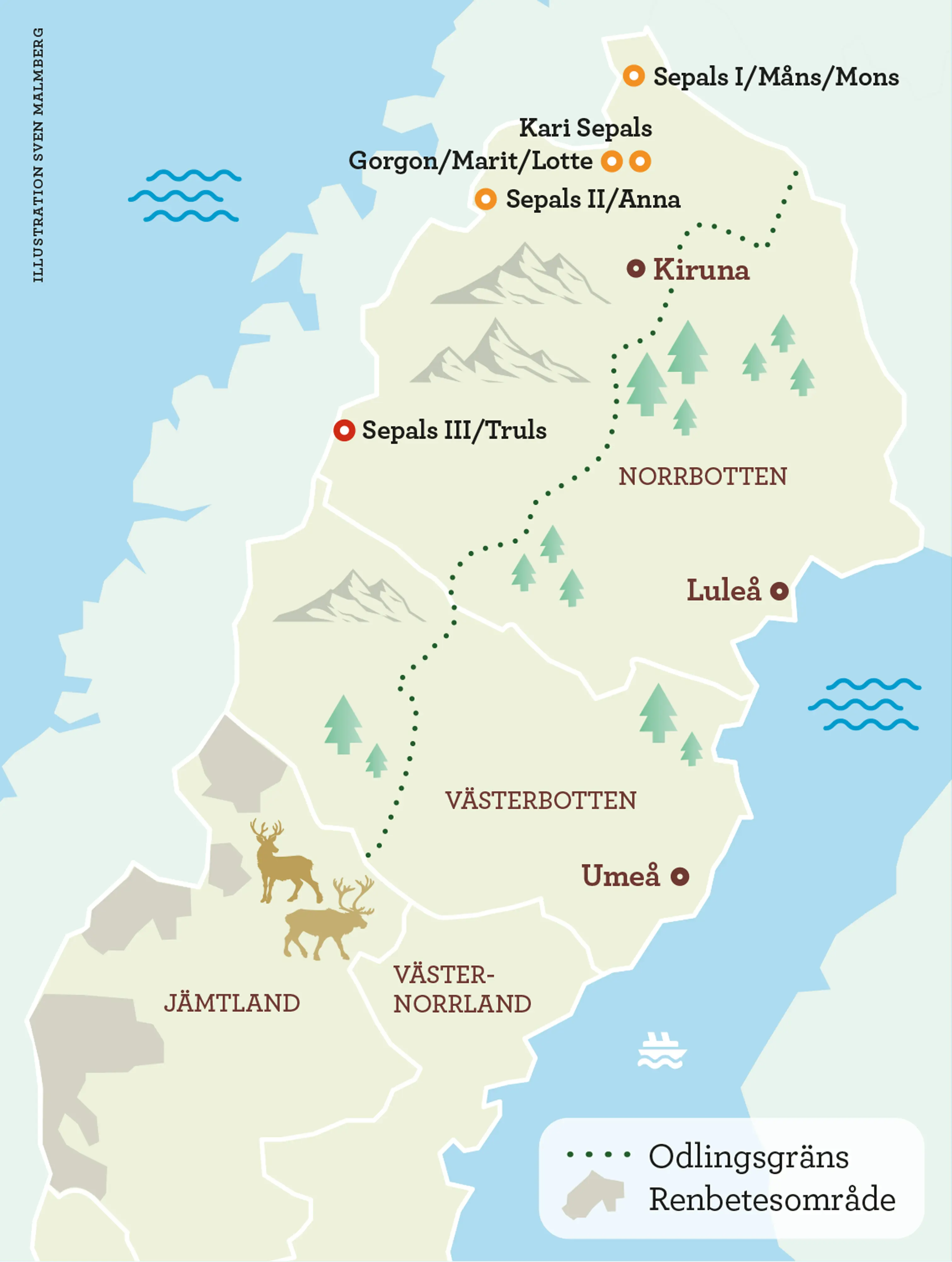 Karta med Sepals baser utmärkta.