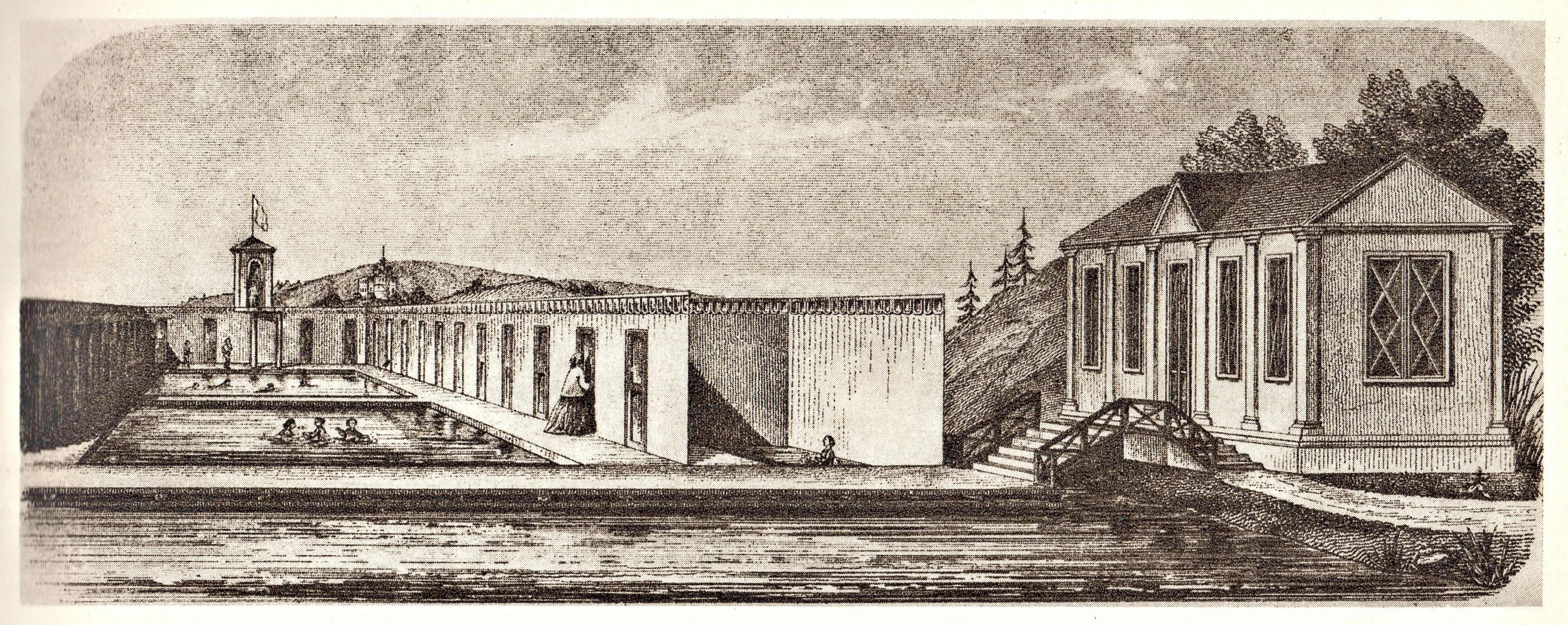 Illustration från Fruntimmers badanstalt på Kastellholmen