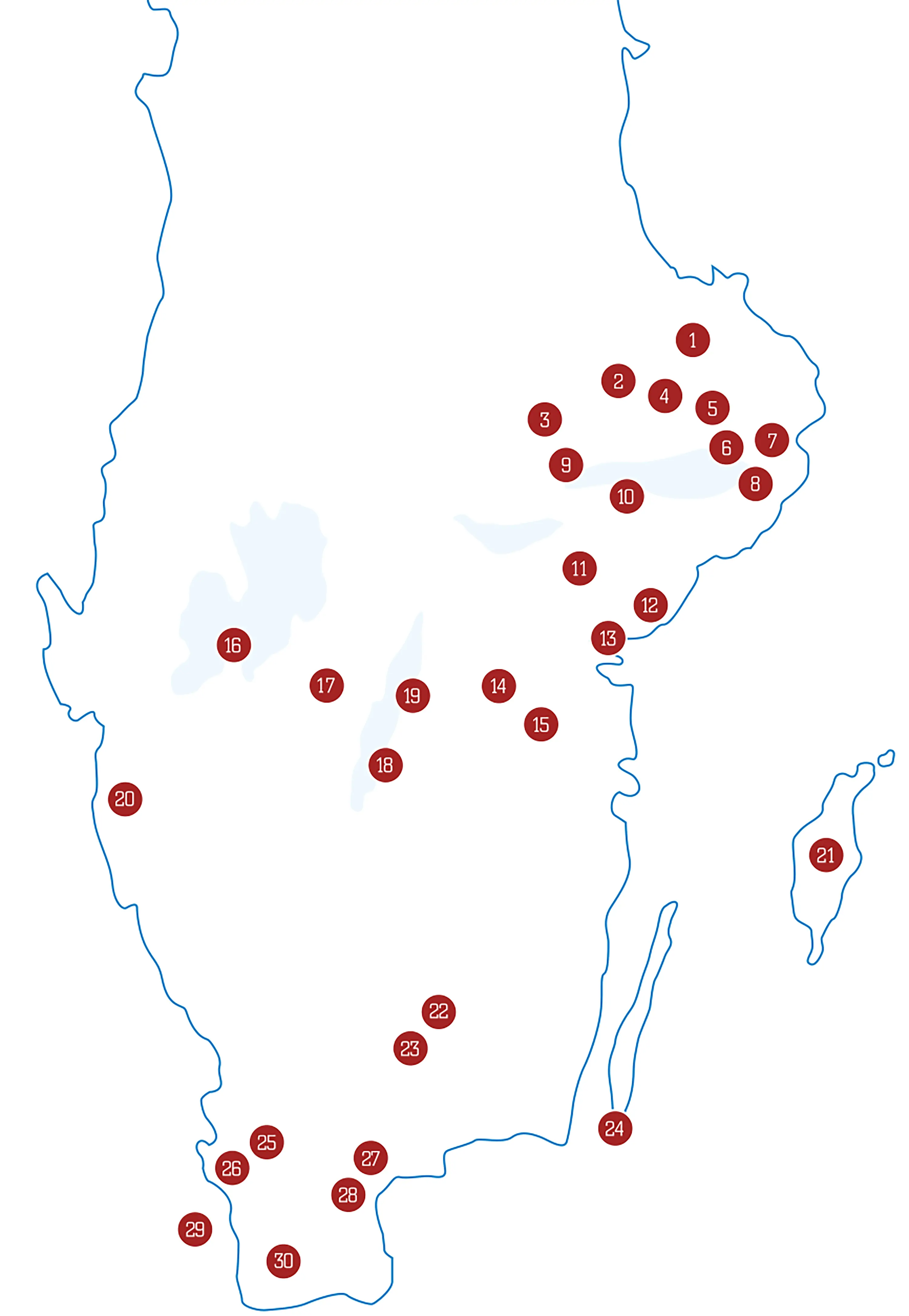 Karta över de 20 kungsgårdar som Statens fastighetsverk förvaltar år 2010.