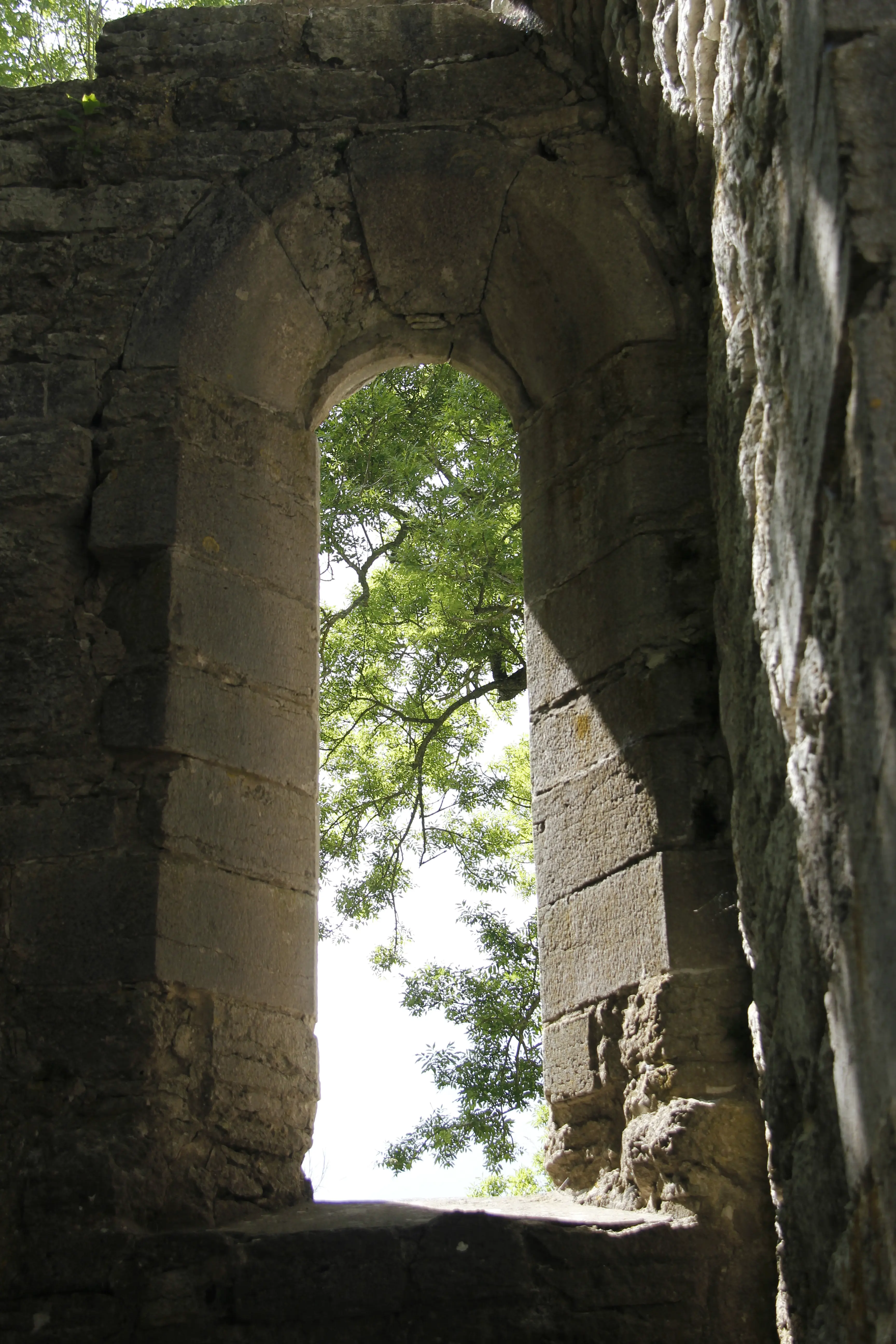 Fönster i Roma klosterruin. Sommar och grönska.