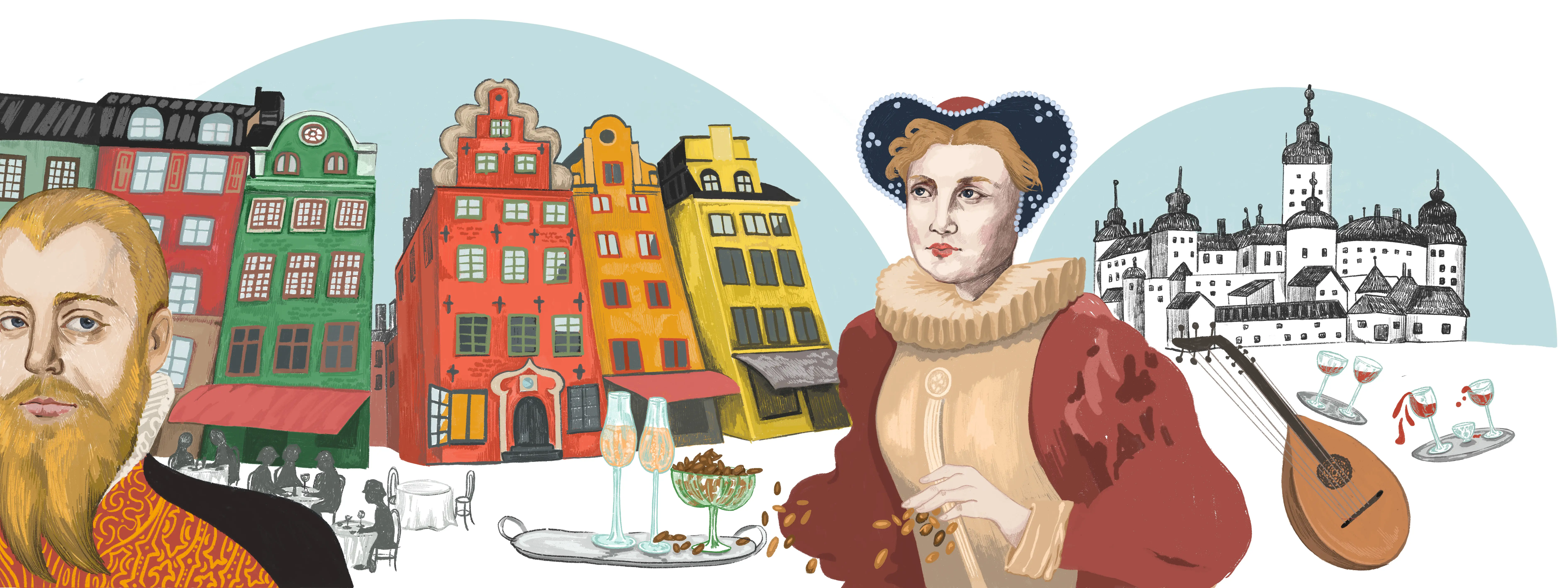 Illustration med Karin Månsdotter, Erik XIV, Stortorget och slottet Tre kronor.