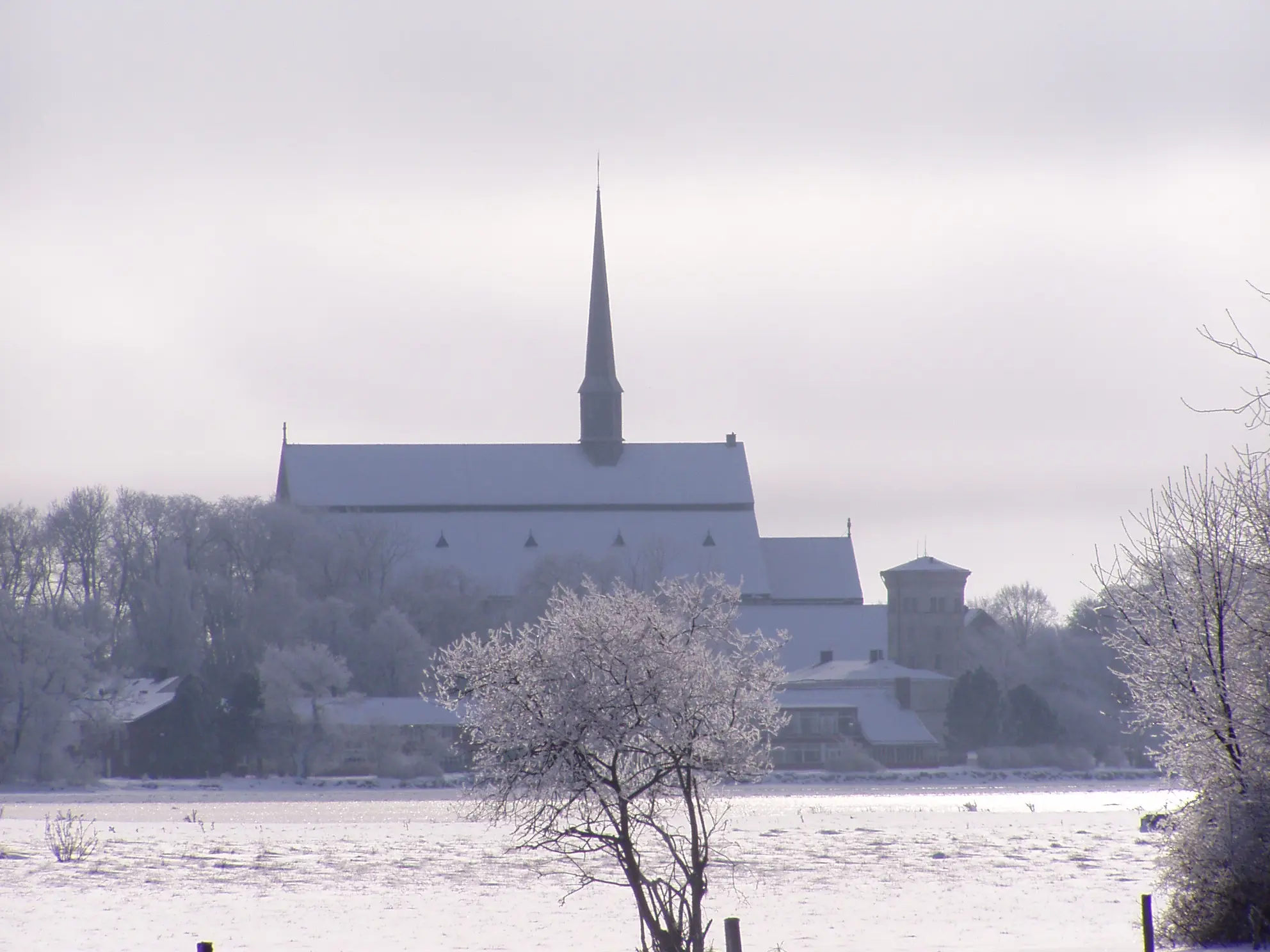Klosterområdet i Vadstena sett över vattnet. Vinter, snö och rimfrost.