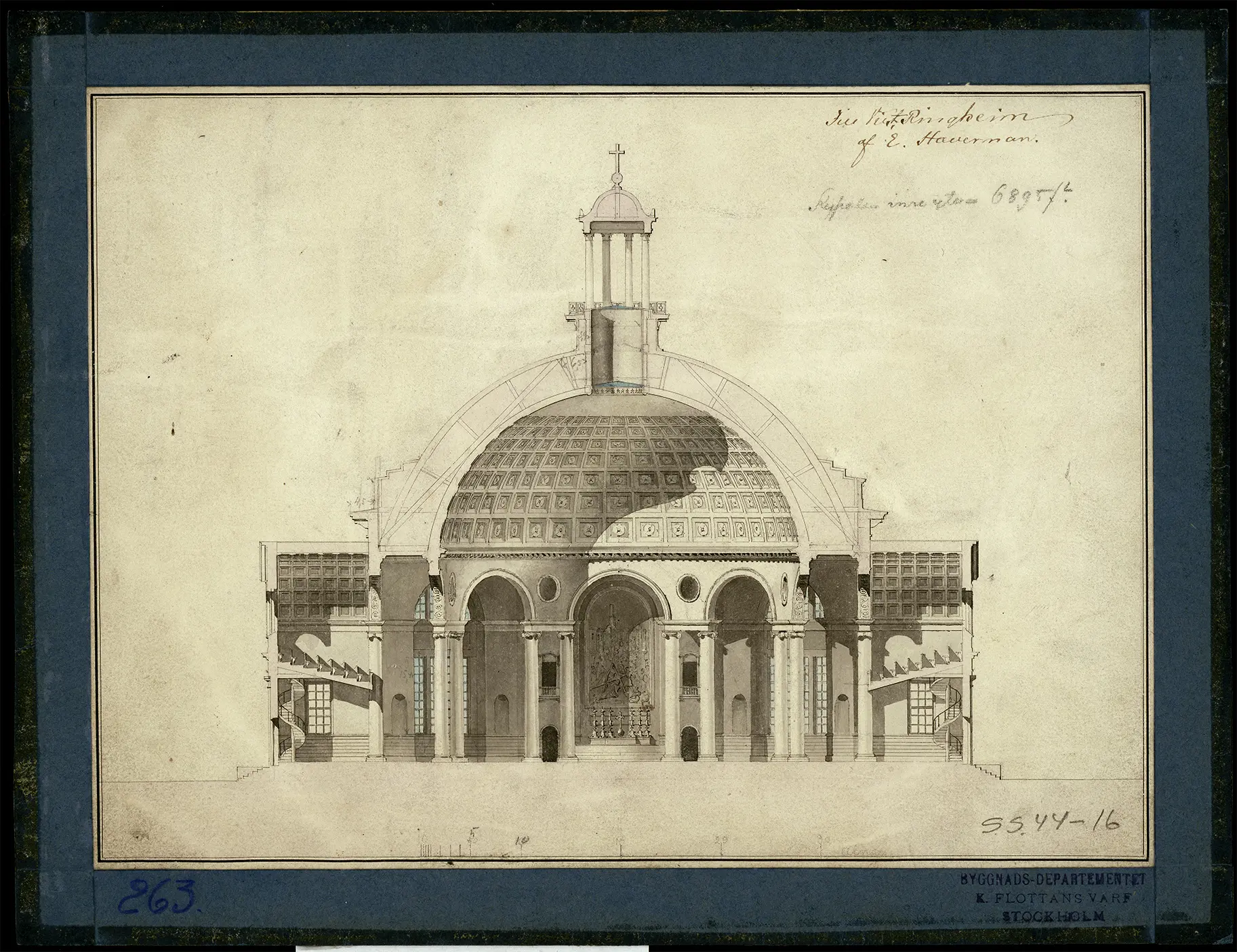Fredrik Bloms ritning av Karl Johans kyrka på Skeppsholmen, nu kallad Skeppsholmskyrkan