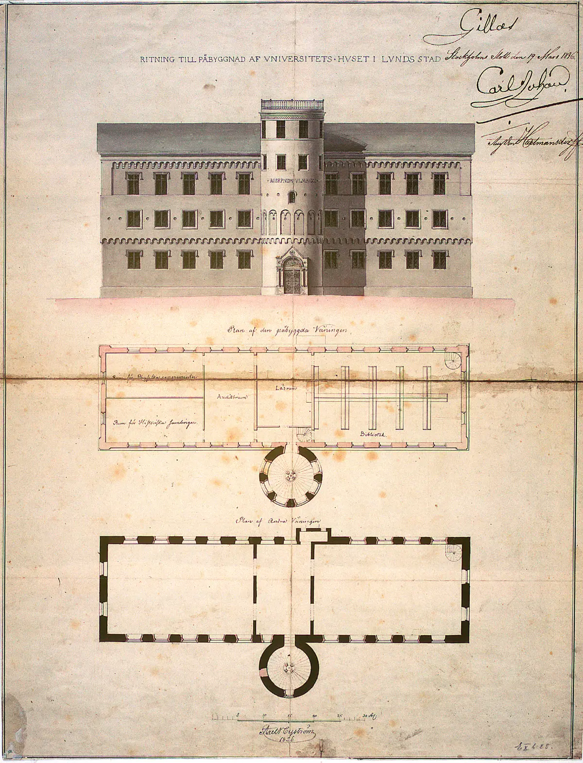 Nyströms ritning från 1836 av påbyggnad på Kungshuset, godkänd av Carl XIV Johan.