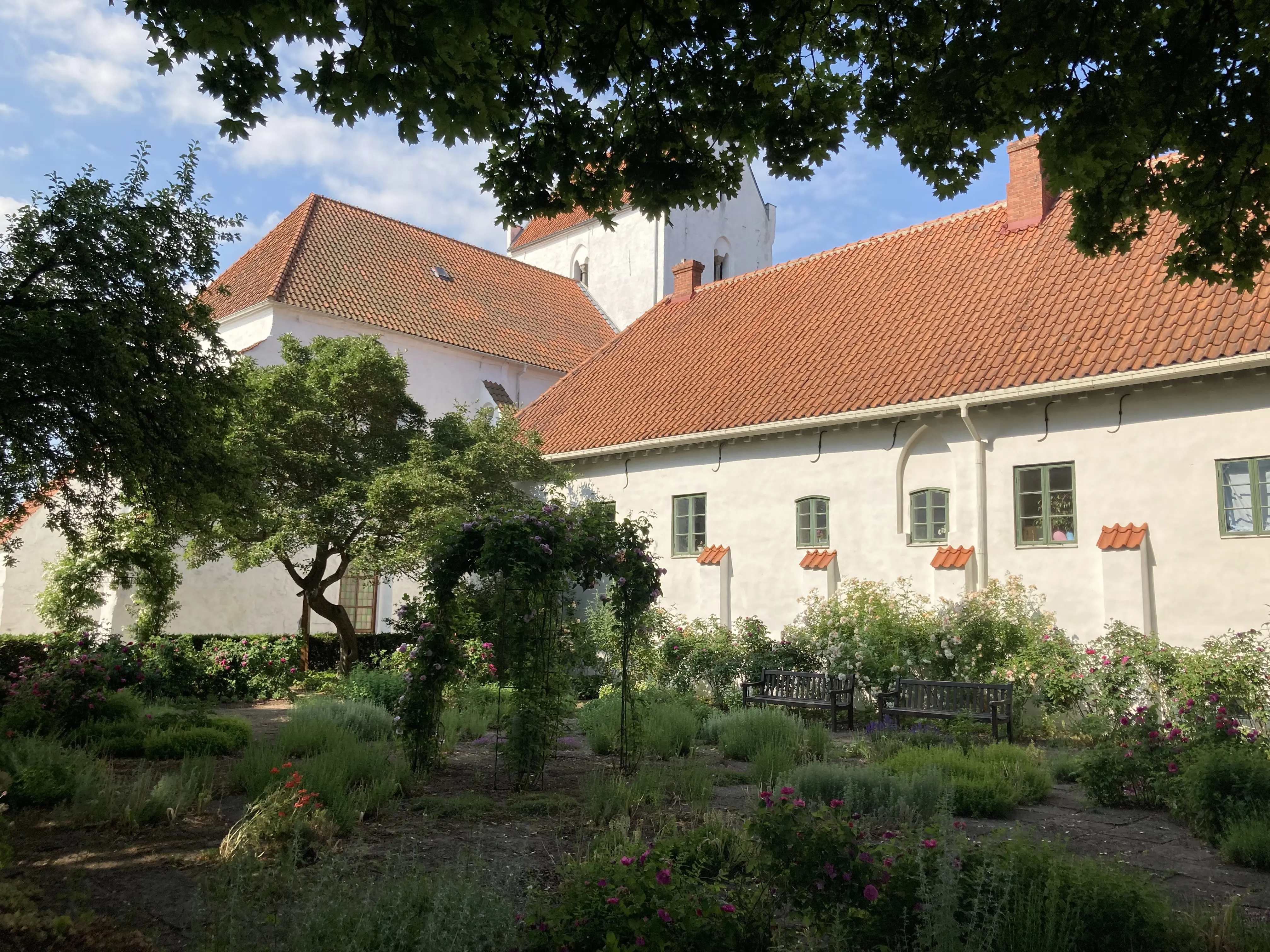 Dalby kungsgård. Boningshuset med trädgård, skuggad av lummiga träd. I bakgrunden Heligkors-kyrkan.