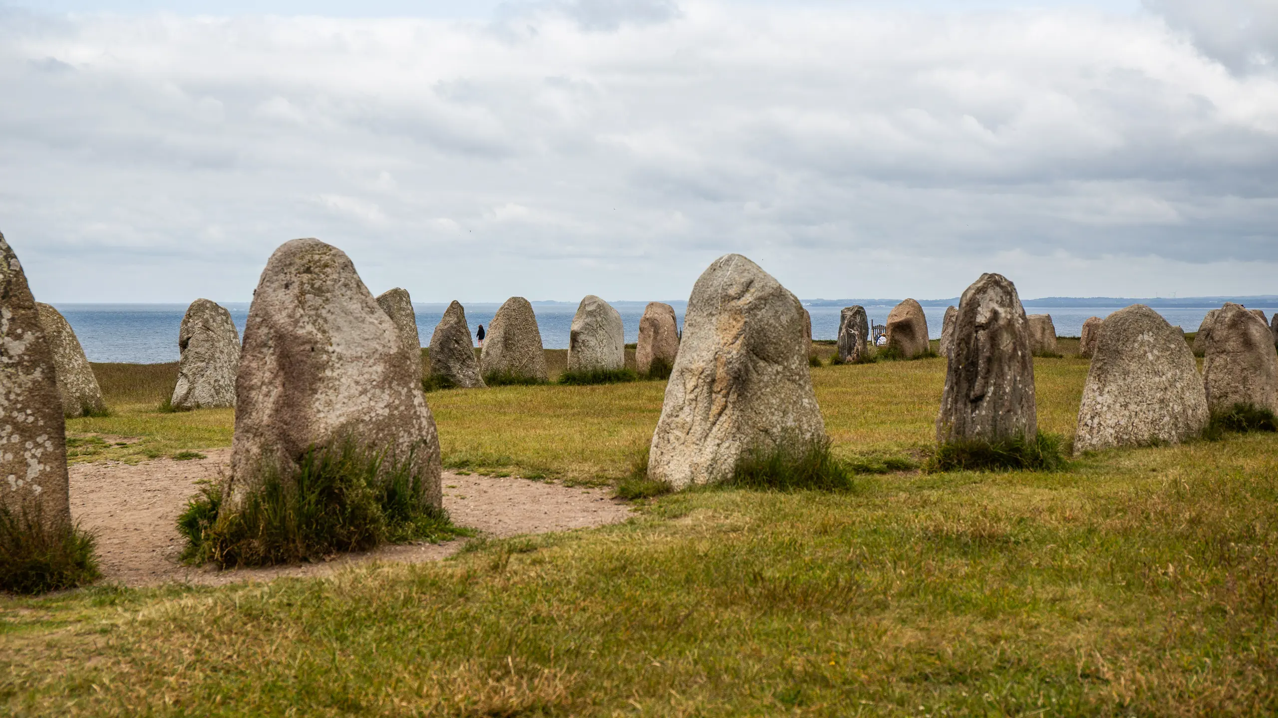 Ales stenar. Vy genom skepps-sättningen mot havet.